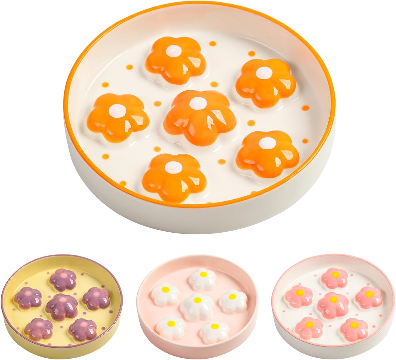 Ceramic Slow Feeder Bowl for Cats - Healthy Eating Colorful Design - Cute Food Plate Puzzle Feeder Dish - Dishwasher Safe - 6.3" W X 1.2" H - 6 OZ - Yellow Flowers