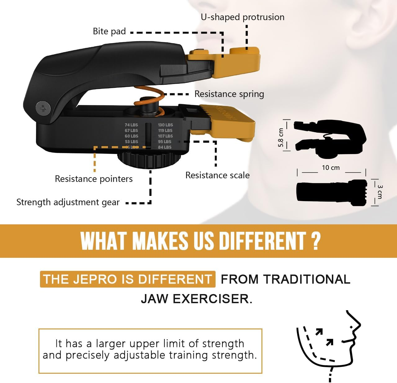 JE-PRO Jaw Exerciser for Men and Women, Resistance Adjustable, 46-130 LBS, Jaw, Face and Neck Exerciser, Powerful Jawline Trainer - Slims and Trims the Face