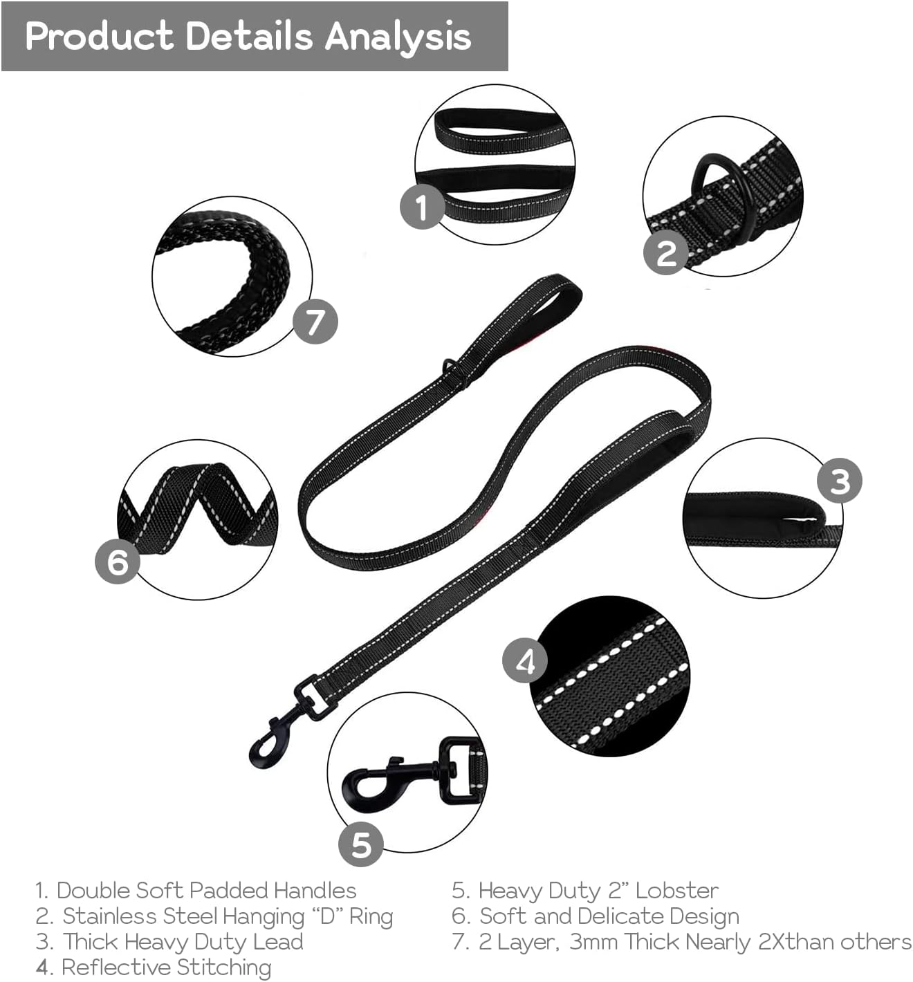 Edipets, Large Dog Leash with Double Padded Handle, Reflective 6Ft Non-Slip Dog Leash for Medium Large Dogs for Walking Your Pet (Black/Black) - Black/Green image number 6