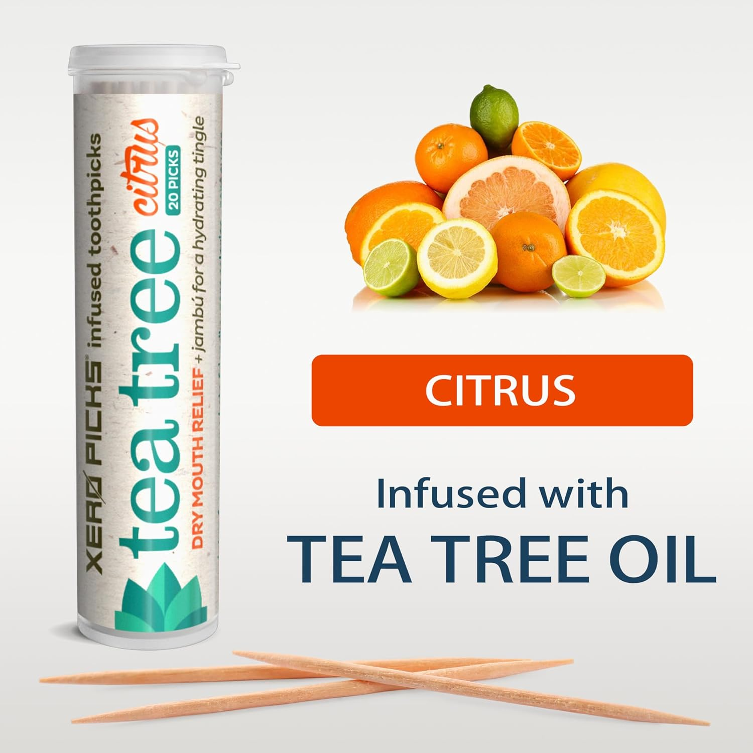 Xero Picks Tea Tree - Infused Flavored Toothpicks for Long Lasting Fresh Breath & Dry Mouth Prevention - 60 Picks - 3 Pack - Citrus image number 1