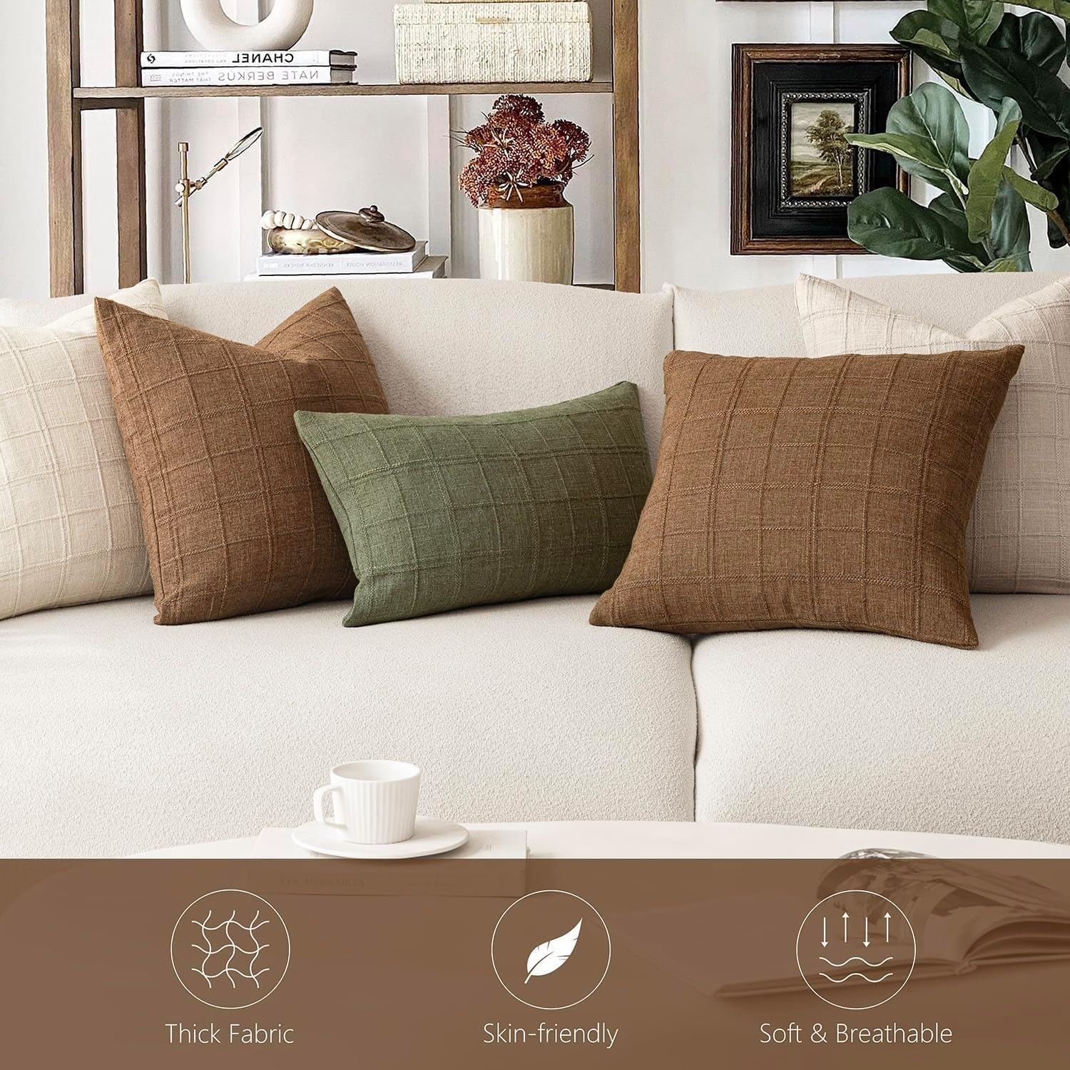 Throw Pillow Covers 20X20 Inch - Brown Linen Plaid Checkered Decorative Pillow Covers for Couch, Bedroom, Sofa - Neutral Rustic Farmhouse Boho Organic Modern Home Decor (Set of 2)