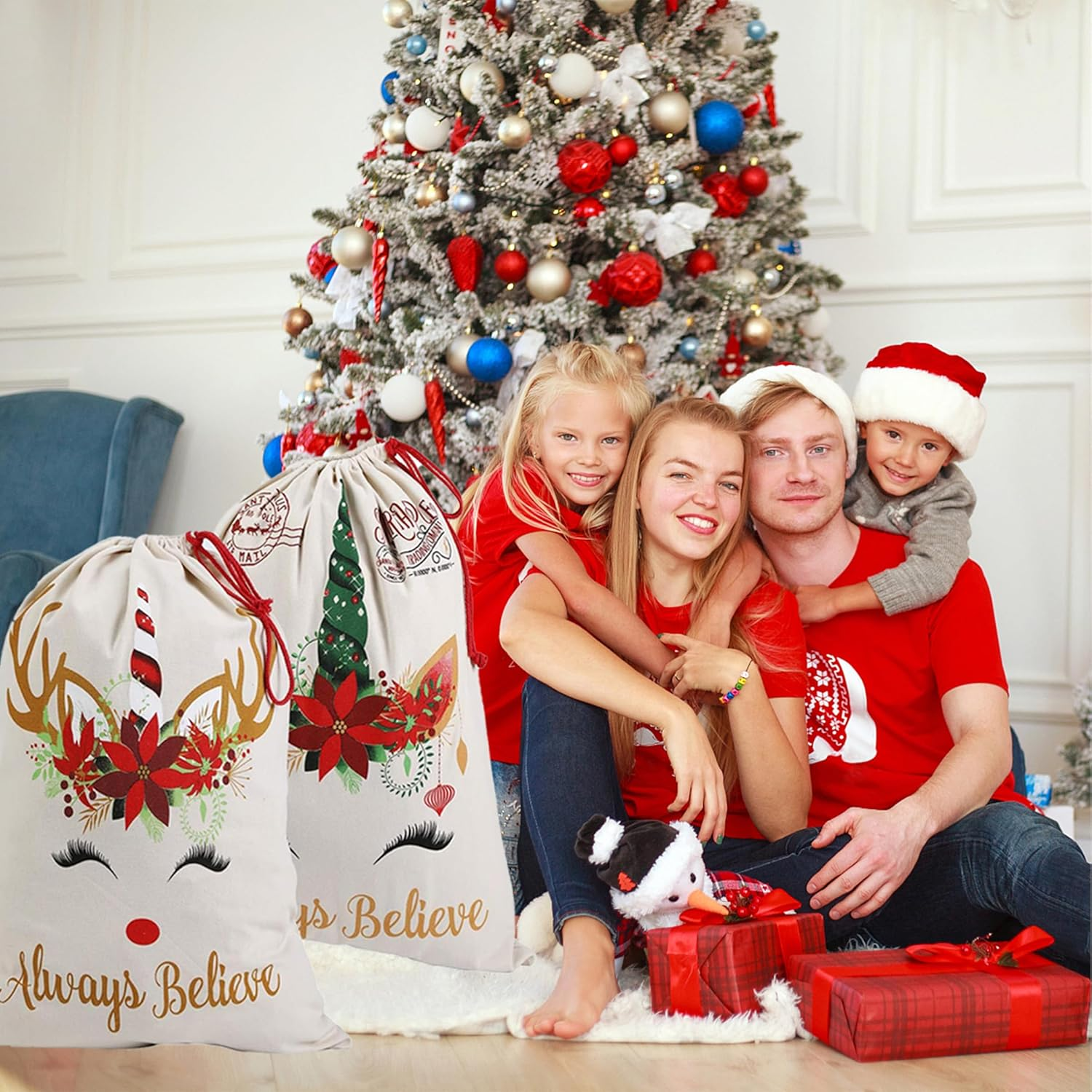 Xinblueco Santa Sack 2 Pack Christmas Unicorn Canvas Santa Bag with Drawstring Xmas Personalized Gift Bag Extra Large Christmas Sacks Size 27.5"X19.5"(Unicorn) - Unicorn image number 4