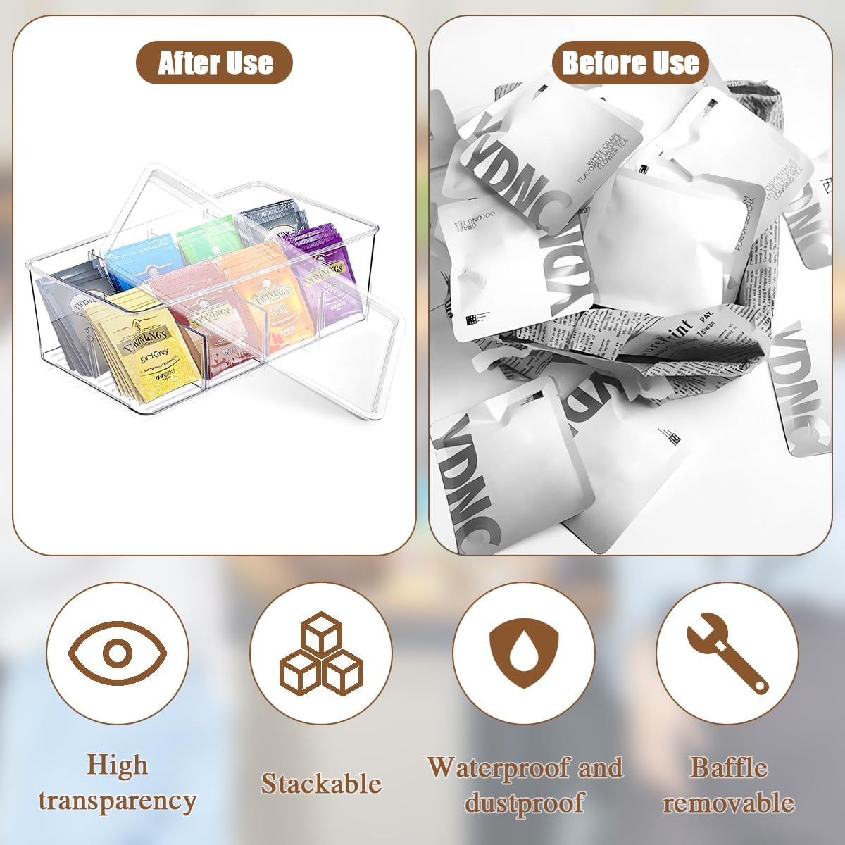 2 Pcs Plastic Tea Box, Clear Lid Tea Bag Storage with 4 Drawers and 2 Stickers, Easy Access Tea Bag Organizer with Compartments, Coffee Storage for Tea Bags Sugar Sachets