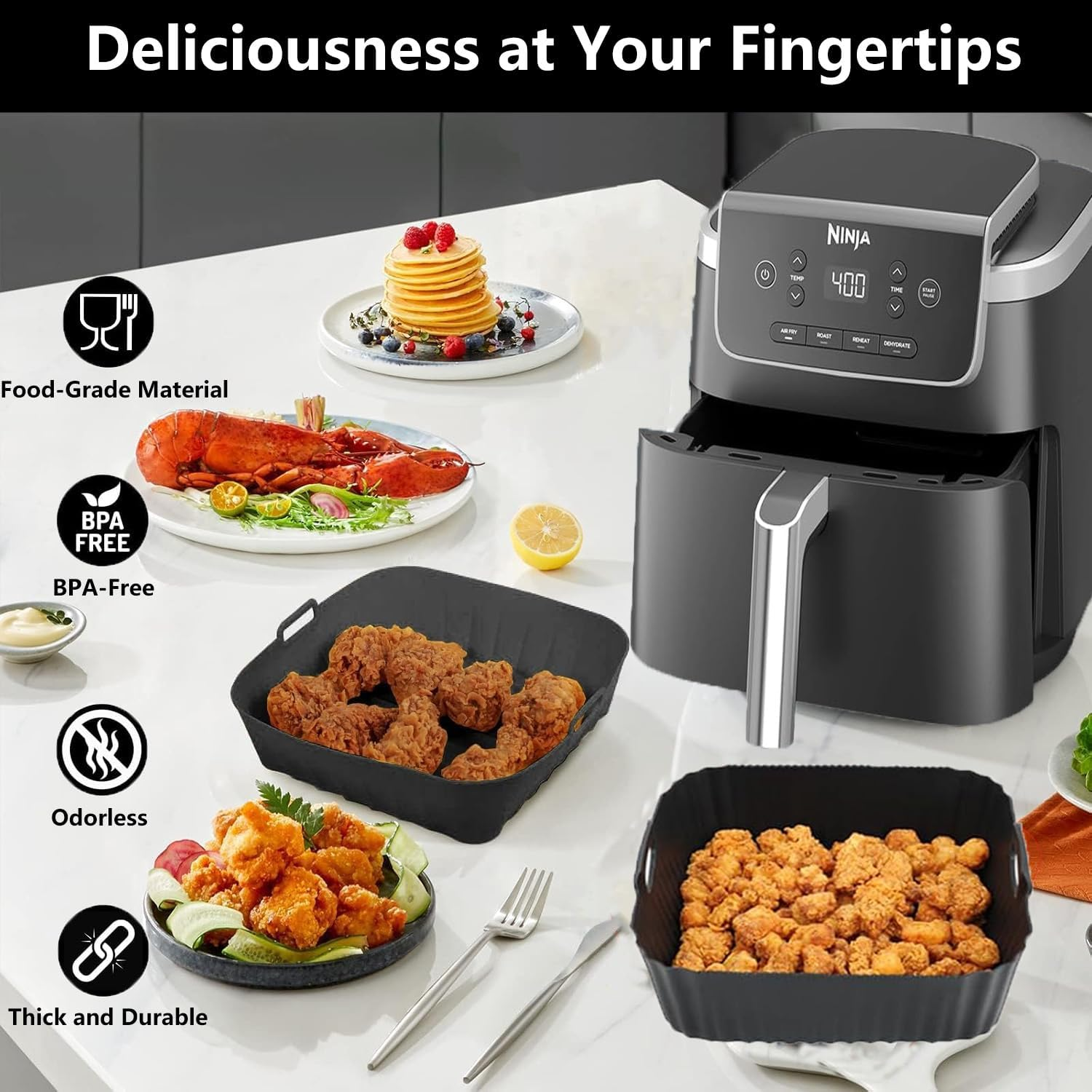 Silicone Air Fryer Liners 2 Pack, Accessorie Mould for COSORI DC601 L501,Philips 2000 Series Na230/00,Ninja AF141 Af181,Tefal for 5-6.5Qt Reusable Silicone Mould for Hot Air Fryer-Black image number 3