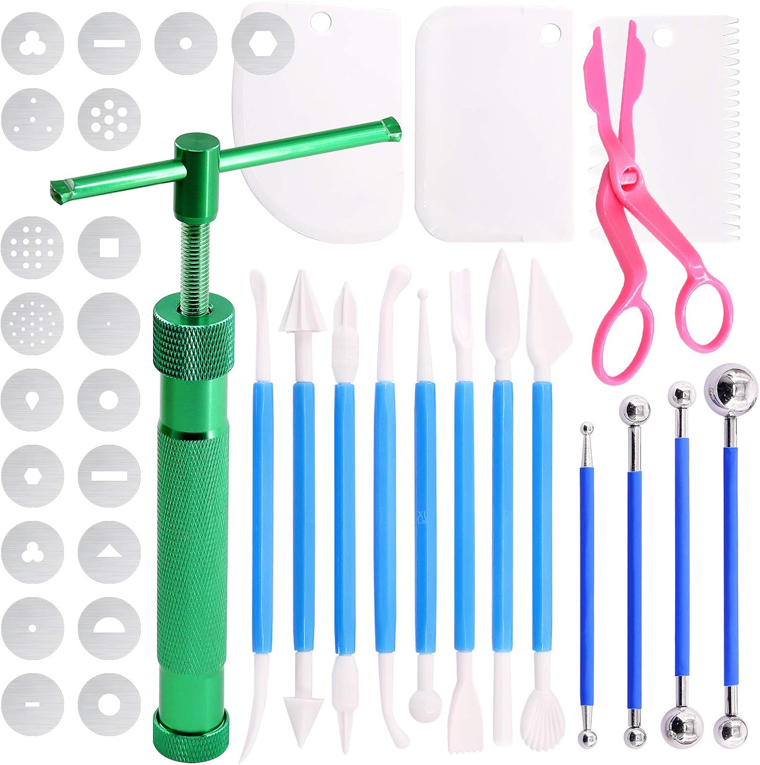 Swpeet 36Pcs Rose Gold Clay Extruder Gun Fondant Sugar Paste Extruder Clay Cake Sculpture Gun, Ball Stylus Dotting Tool with Plastic Scraper, Cake Decorating Supplies Modeling Tool