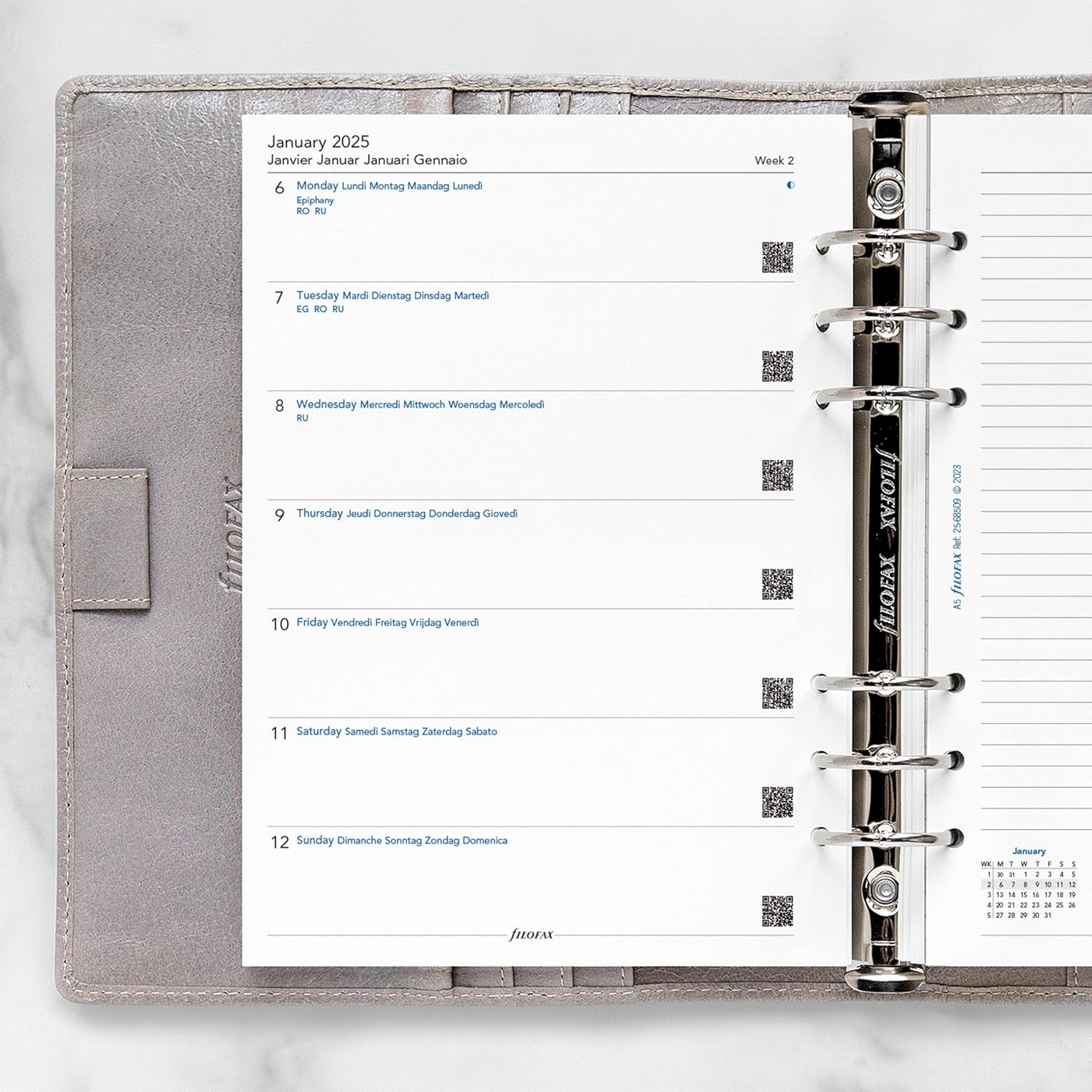 Filofax Calendar Diary Refill, A5 Size, Week on One Page with Notes, White Paper, Multilingual: Five Languages, 2025 (C68509-25) image number 5