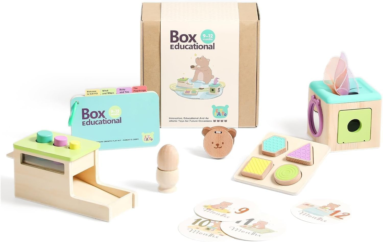 Montessori Toy for Babies 9-12 Months, 7-In-1 Wooden Playful Learning Toys with Egg Cup, Castanets, Magic Tissue Box, Textured Shape Puzzle, Cylinder Drop Box and More image number 4