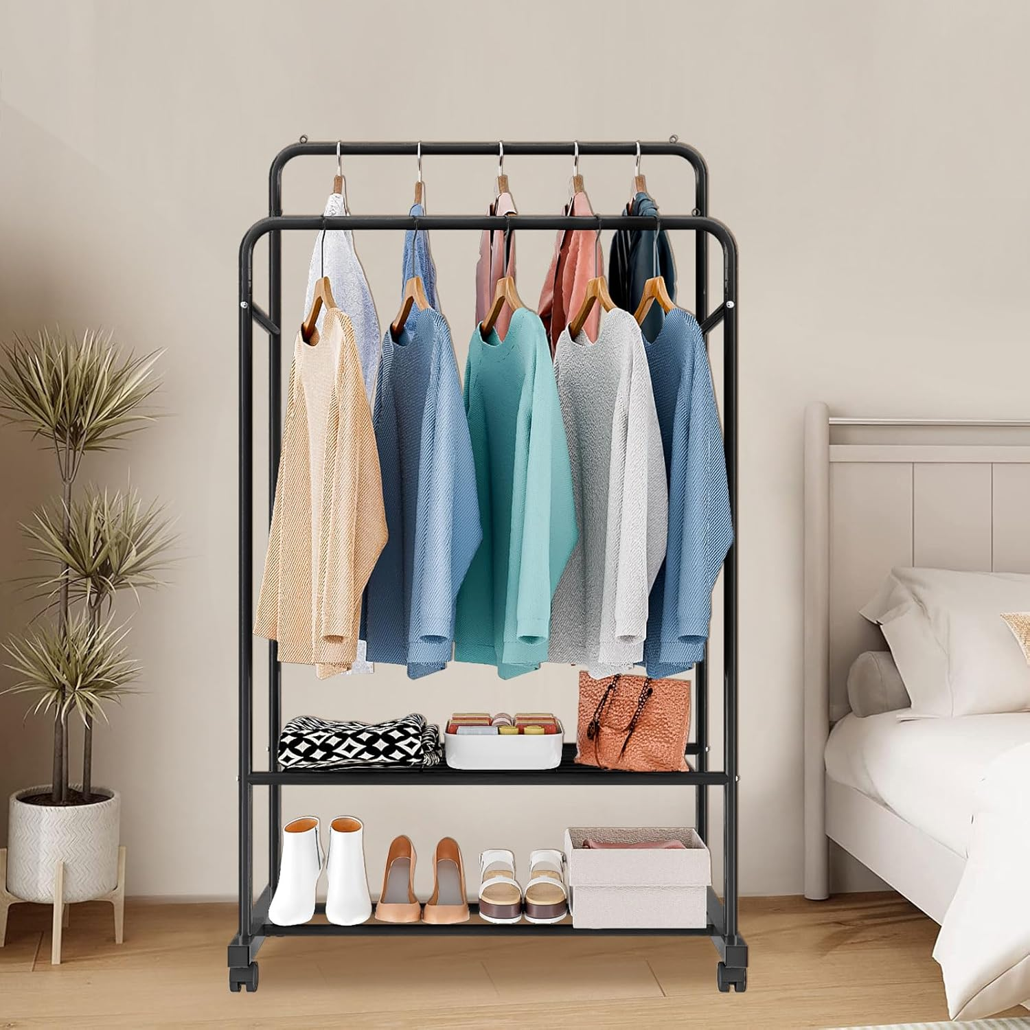 Untyo Clothing Rack with Wheels Double Rails Clothes Rack Rolling Rack for Indoor Bedroom Clothes Rack Max Load 110LBS Shelf on Wheels(Balck) - White image number 5