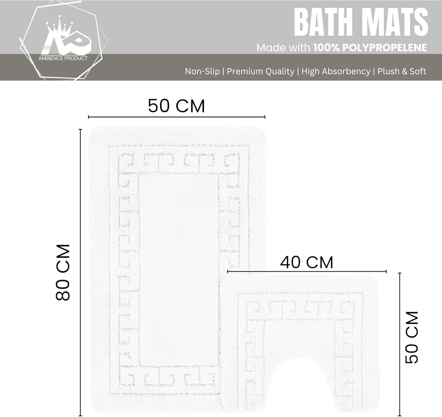 Ambience Products Greek Key Pattern Bath Mats 2 Piece Sets Non Slip Bathroom Mat, Soft Washable Rug Quick Dry Water Absorbent Bathroom Shower Mat & Pedestal Set (White) - Charcoal image number 7