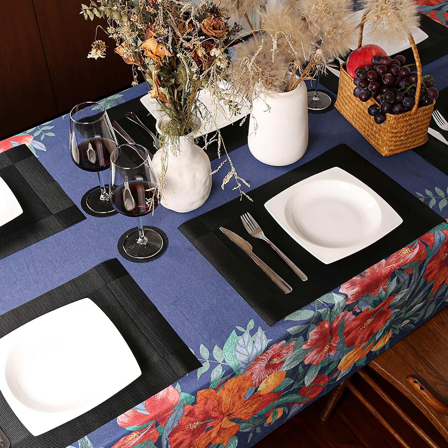 Neween Woven Placemats Set of 6 with 6 Coasters, Heat Resistant Washable Place Mats PVC Table Mats, Non-Slip Woven Vinyl Plastic Placemats for Kitchen Dining Table Easy to Clean (Black) image number 1