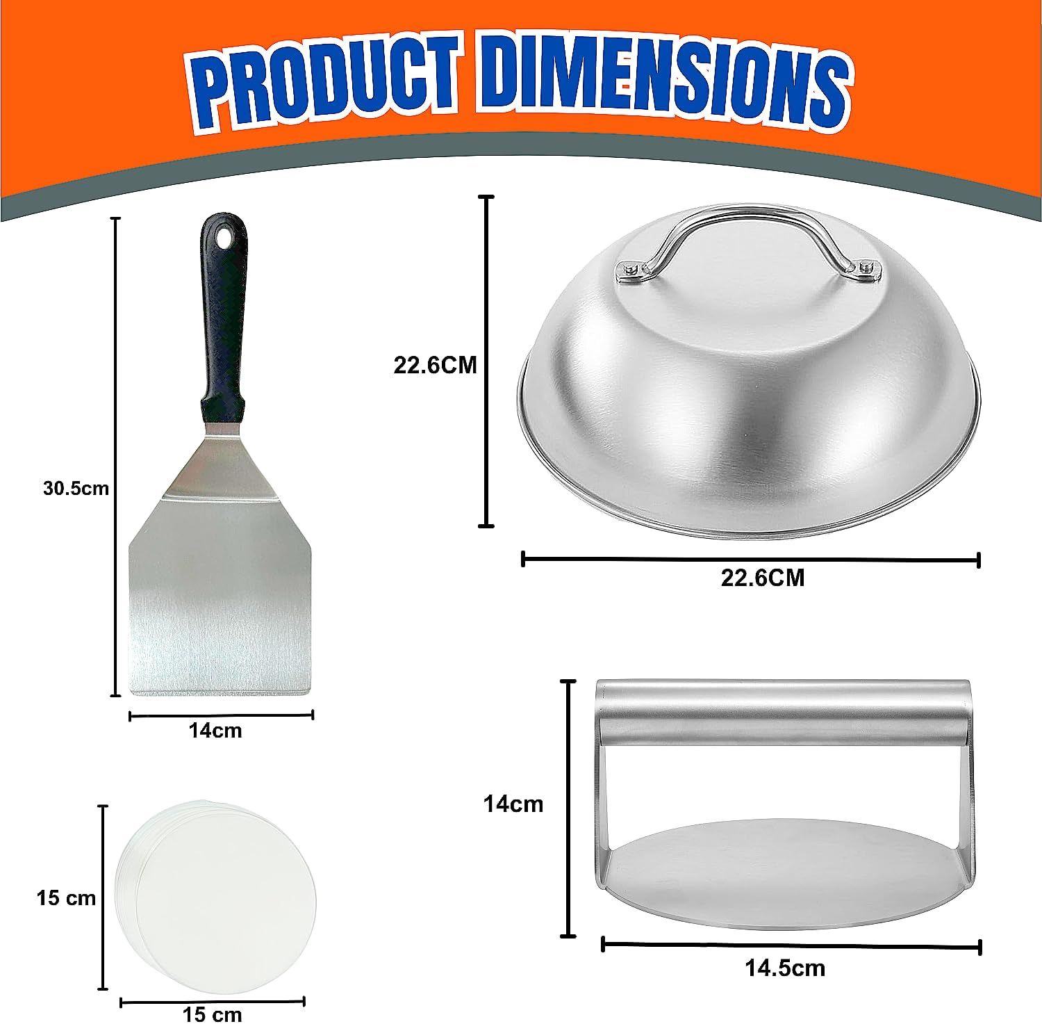 430 Stainless Steel Burger Press Kit with Burger Flipper, Cheese Melting Dome & 50 Wax Discs, Burger Smasher with Smash Burger Press, Protein Press, BBQ Smash Burger Kit for Burger (4Pcs) image number 3