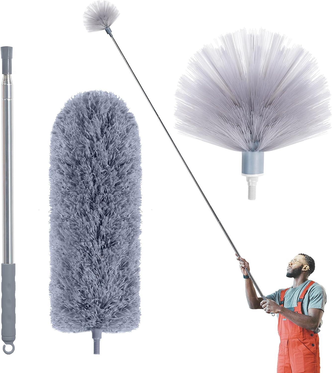 IVYROLL Duster with Extension Pole for Cleaning (2 Microfiber Heads Kit), 100" Long Feather Duster for High Ceilings with Washable Head, Cleaning Supplies for Housekeeping, Ceiling Fan, Furniture