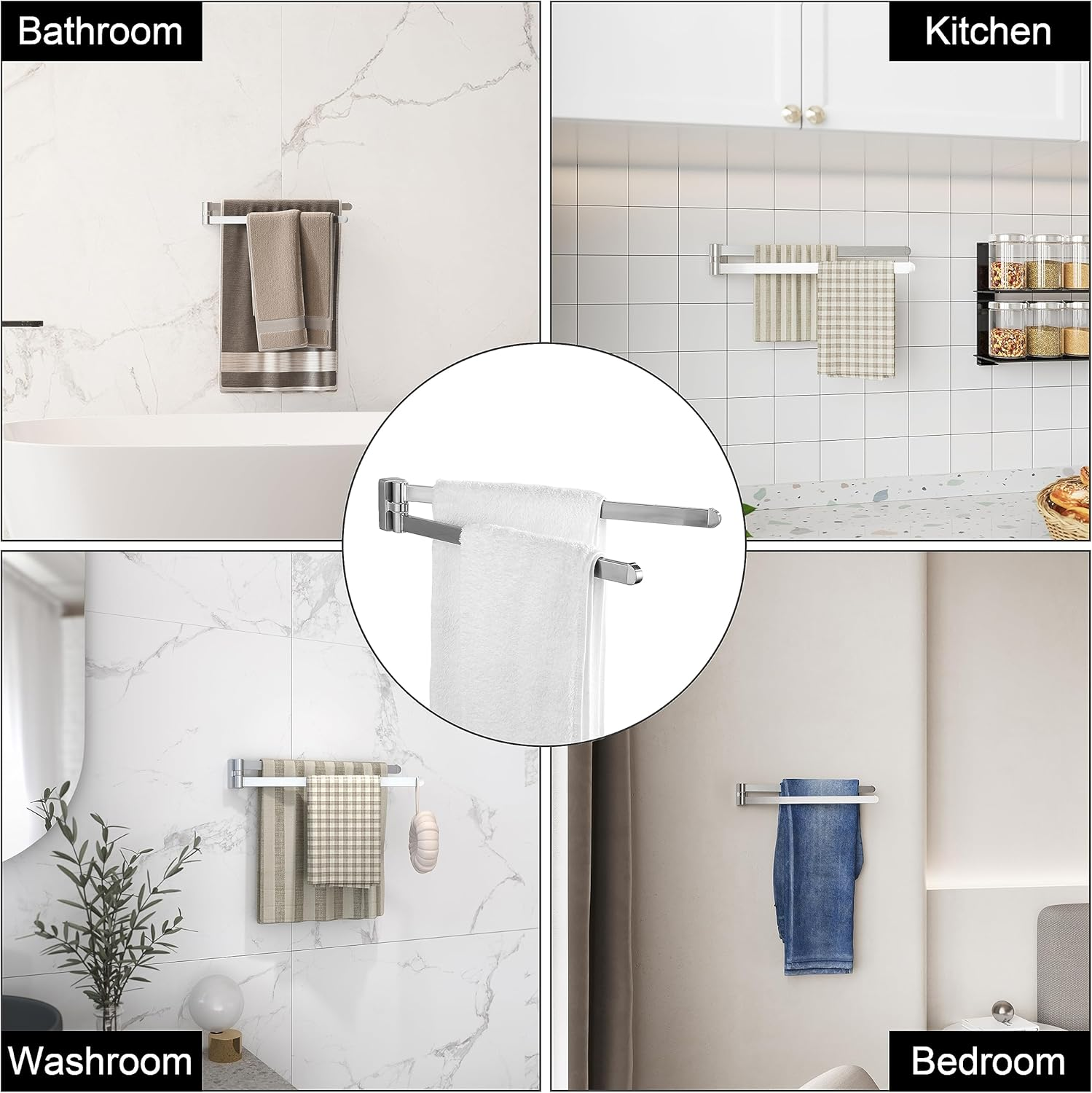 Swivel Towel Bar Brushed Nickel,Two Arms 18 Inches Wall Mount Towel Hanger Holder for Bathroom Organizer - Black image number 5