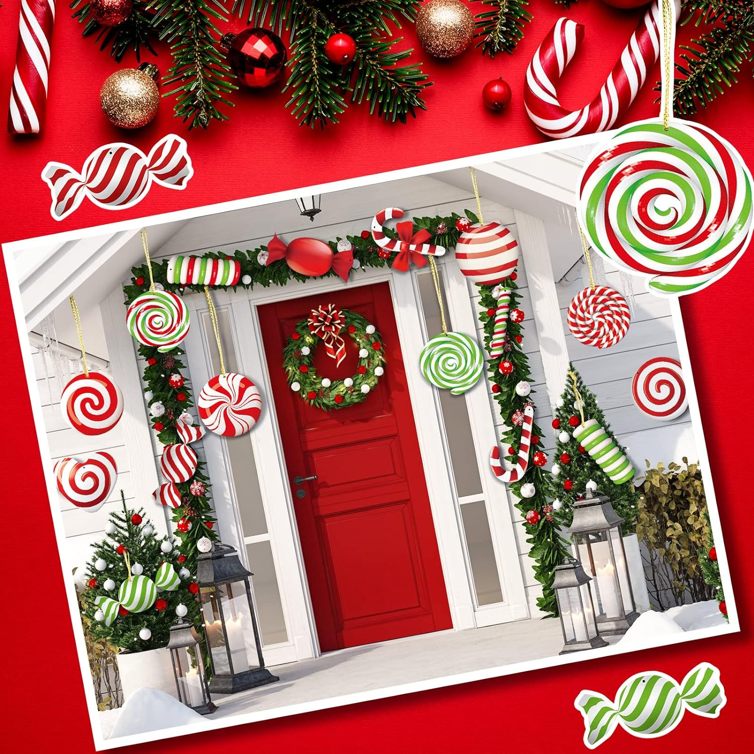 20 Pcs Christmas Yard Signs Ornaments Double Sided Christmas Peppermint Candy Hanging Ornaments Christmas Large Candy Yard Decorations Christmas Tree Decorations for Candy Party Outdoor Yard Decor image number 2