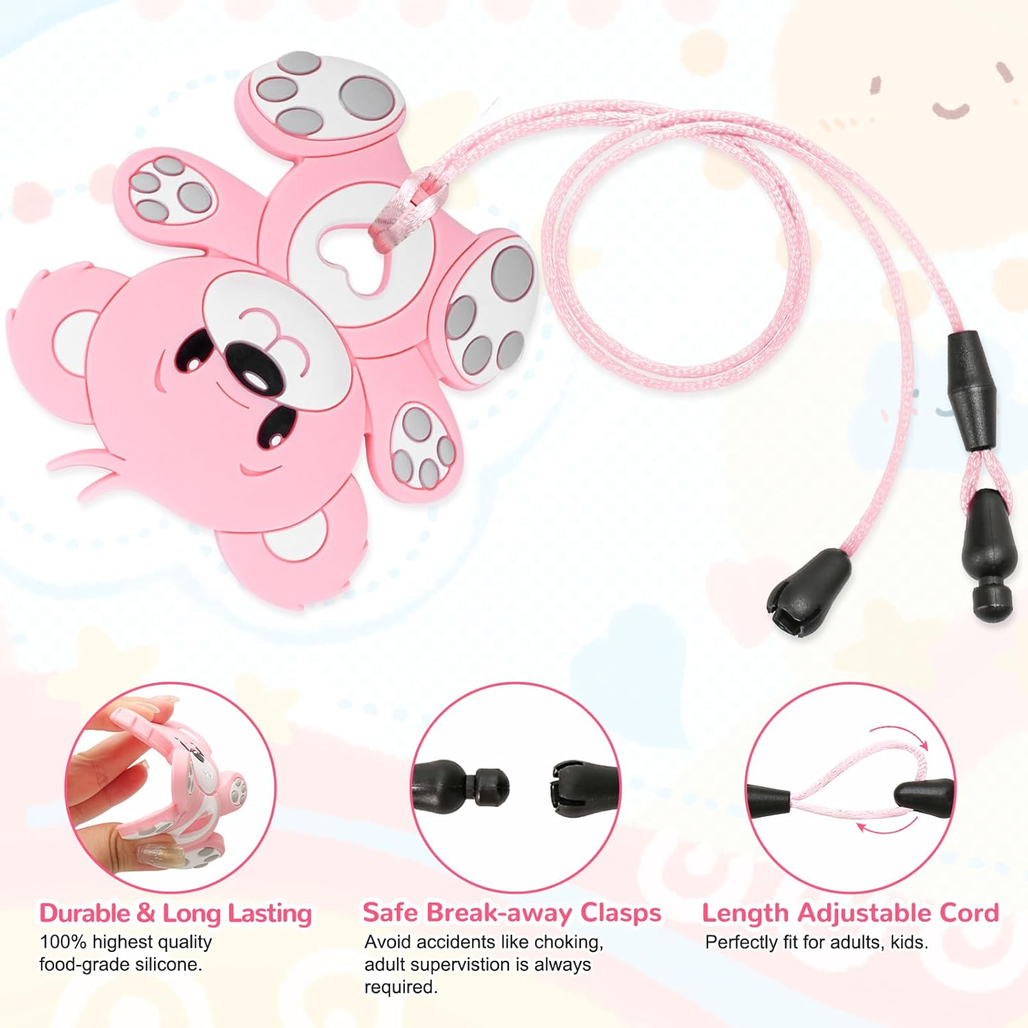 MR.TIMELAG Chew Necklaces for Adults and Babies - Bear 4-Piece Set, Bpa-Free Silicone Sensory Chew Necklaces for Anxiety Relief, Easy to Hold, with Massage Blocks to Relieve Teething Pain image number 3