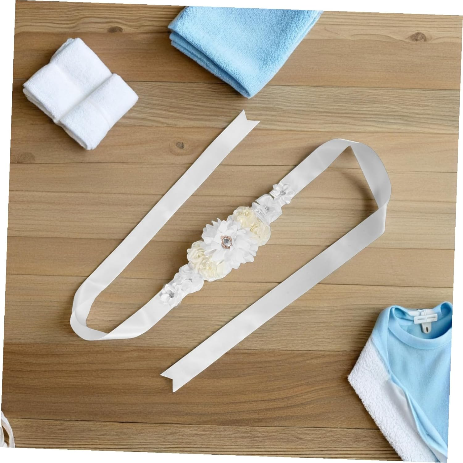 SUPVOX Adjustable White Floral Maternity Belt Soft Breathable Sash for Pregnant Women Comfortable Shower and Pregnancy Photography Accessory for Mom image number 4