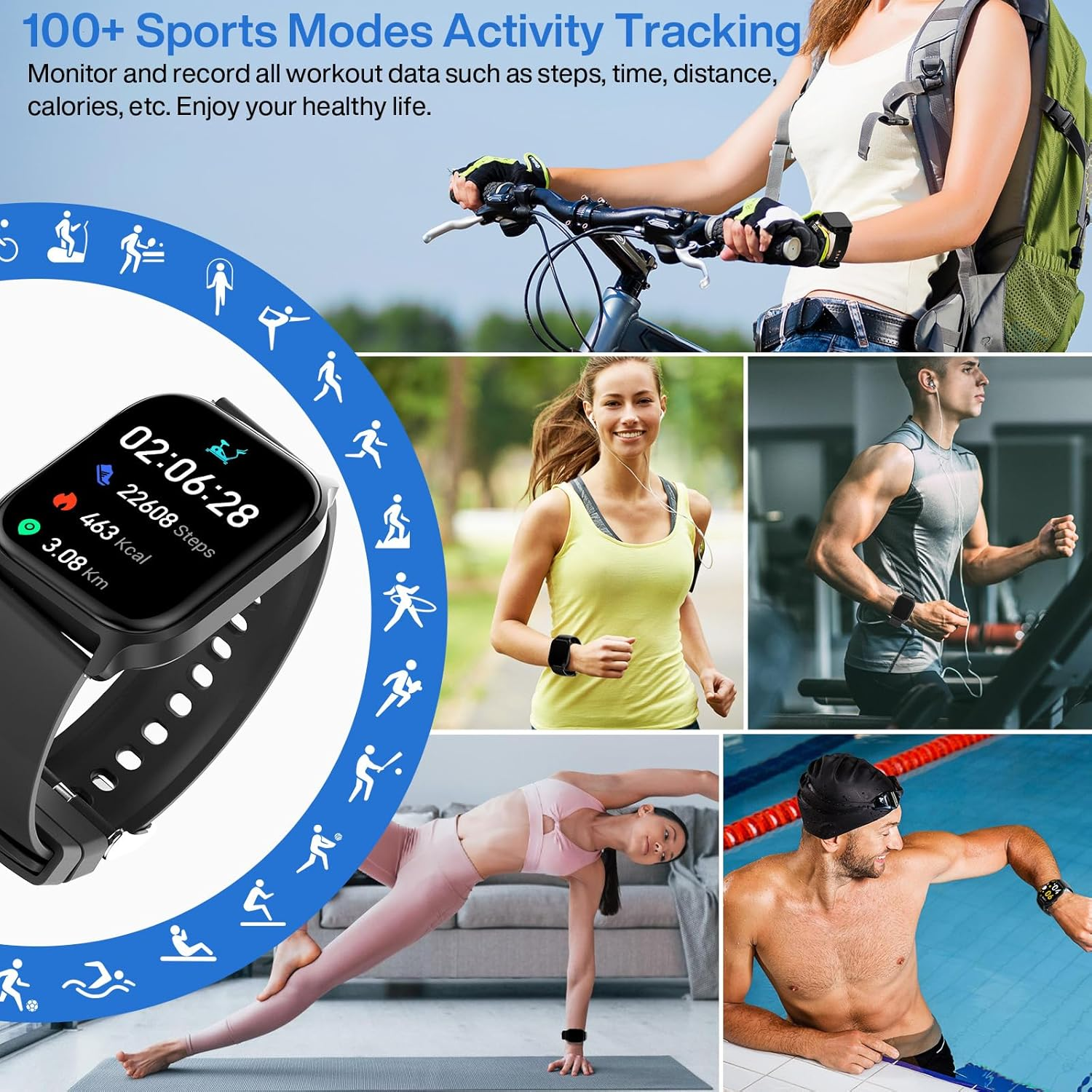 Smart Watch for Women Men, Blood Pressure Monitor Fitness Tracker, 1.85'' HD Touch Screen Pedometer, Calories, Heart Rate Sleep Monitor, IP68 Waterproof Activity Tracker Android Ios image number 2