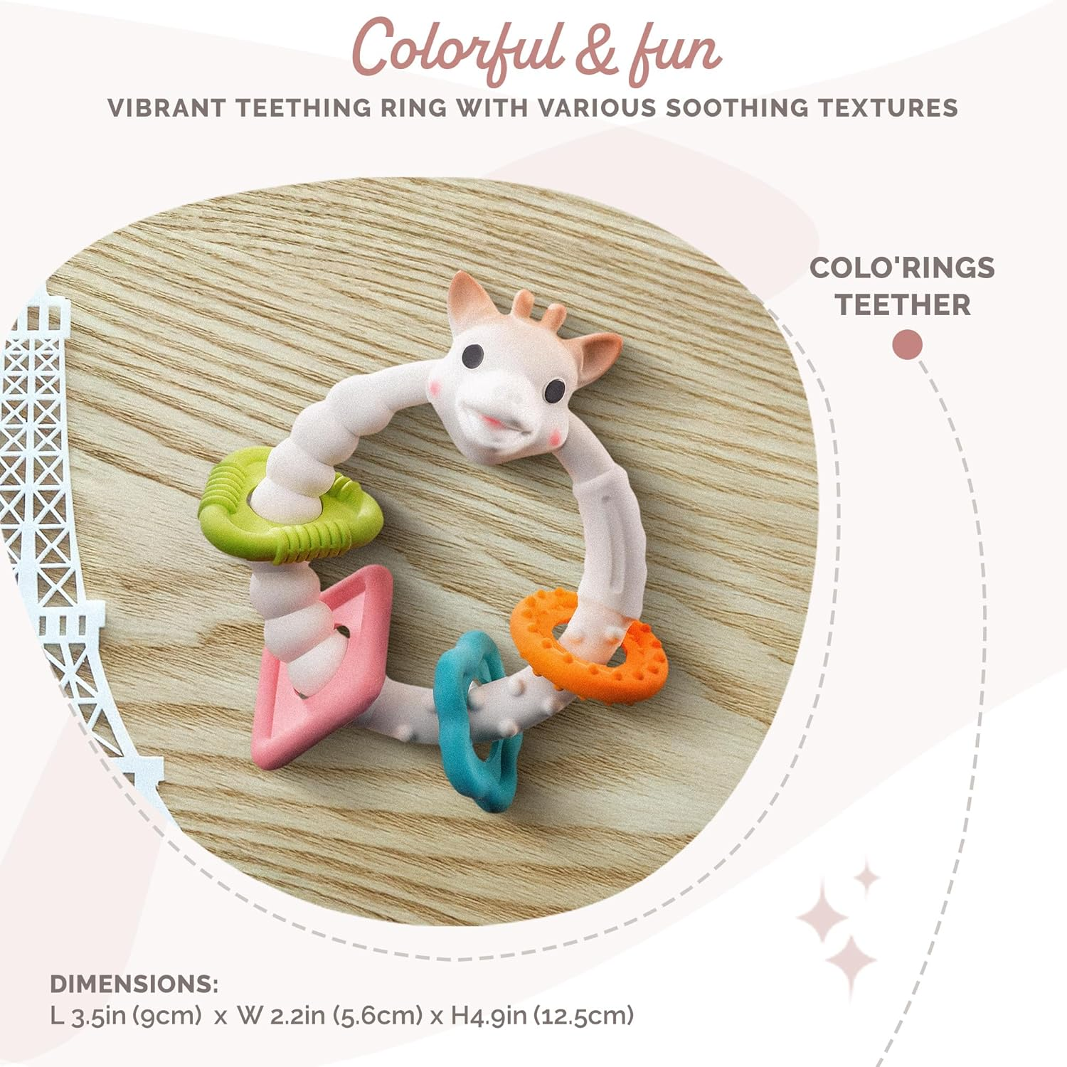 Sophie La Girafe - Colo'Rings So'Pure Teething Ring - 100% Natural Rubber - Textured Relief - Safe for Teething - Fun & Stimulating - Age: 3 M + image number 4