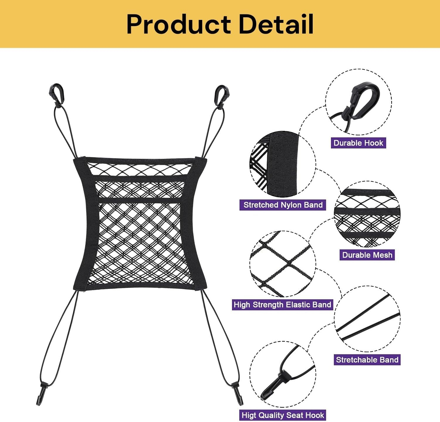 EZONEDEAL 3-Layer Car Mesh Storage Organizer, Seat Back Net Bag, Barrier of Backseat Pet Kids, Mesh Cargo Net Hook Pouch Holder for Tissue Purse Bag Handbag Phone Pets Children Kids Disturb Stopper image number 4