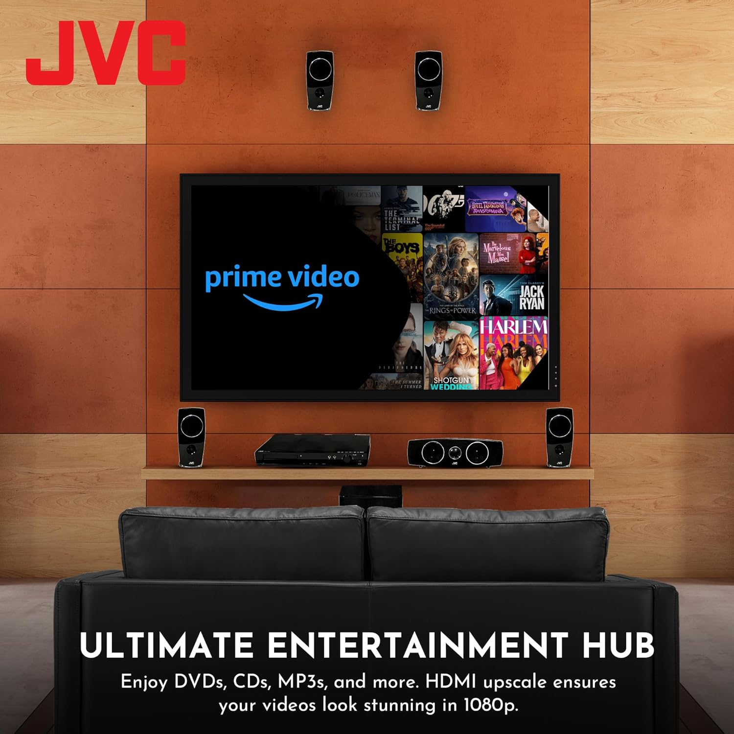 JVC Home Theatre System | 5.1 Surround Sound System for TV | Portable DVD Player with 5 X 60W Passive Speakers & 150W Powered Subwoofer | Digital Amplifier, Karaoke Function, Bluetooth, USB (TH-N888B) image number 6