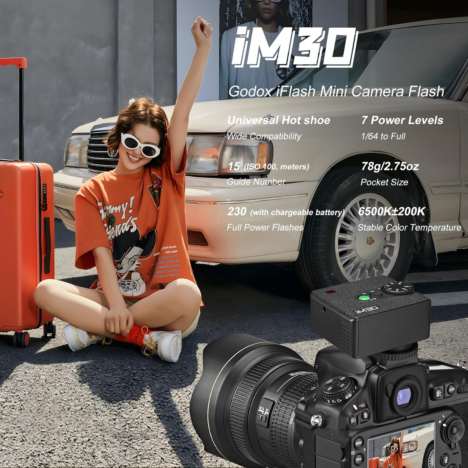 Godox IM30 Mini Pocket Flash Manual Speedlite, S1/S2 Optical Control, Portable Hot Shoe Flash 7 Power Levels 6500 K &plusmn; 200 K Colour Temperature for Sony, Canon, Nikon, Fuji, Pentax (With Tri-Colour image number 4