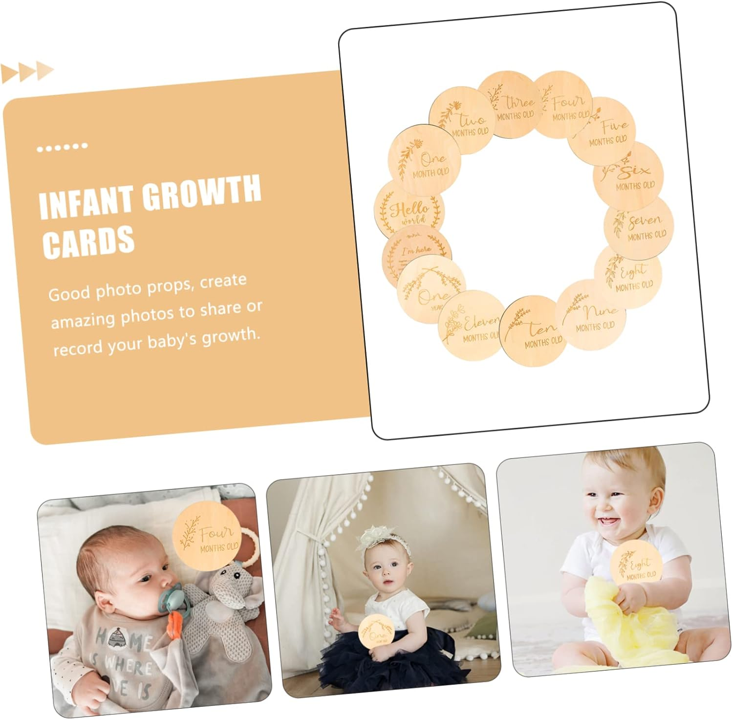 MERRYHAPY 14Pcs Wooden Milestone Cards Set Unisex Photo Props for Newborns Milestone Discs for Memorable First Year Adorable Growth Announcement Plaques Smooth Finish for Safe Use image number 6