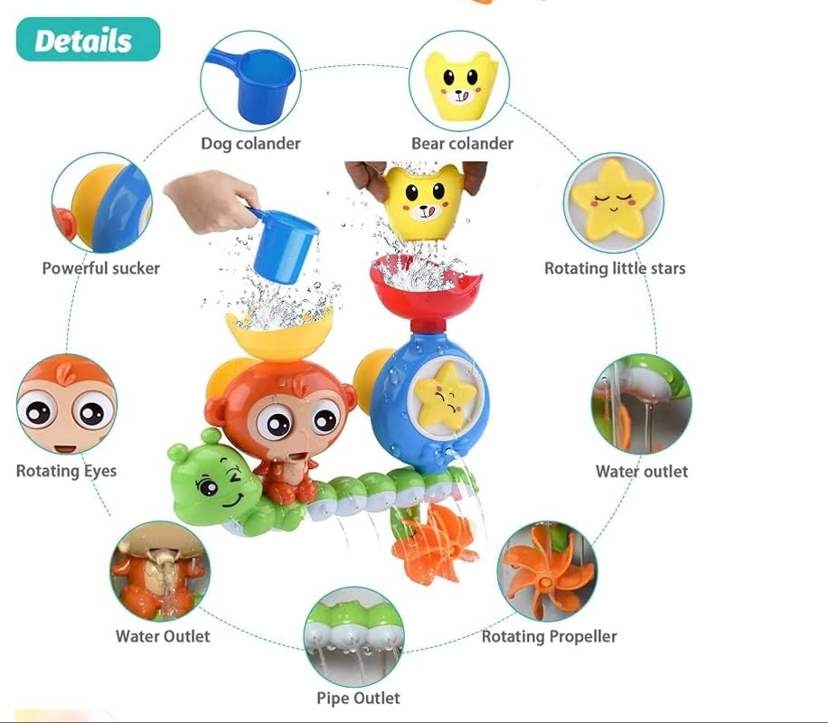 ATEKA Bath Toys for Toddlers Age 1 2 3 Year Old Girl Boy, Preschool New Born Baby Bathtub Water Toys, Durable Interactive Multicolored Toy, Lovely Monkey Caterpillar, 2 Strong Suction Cups