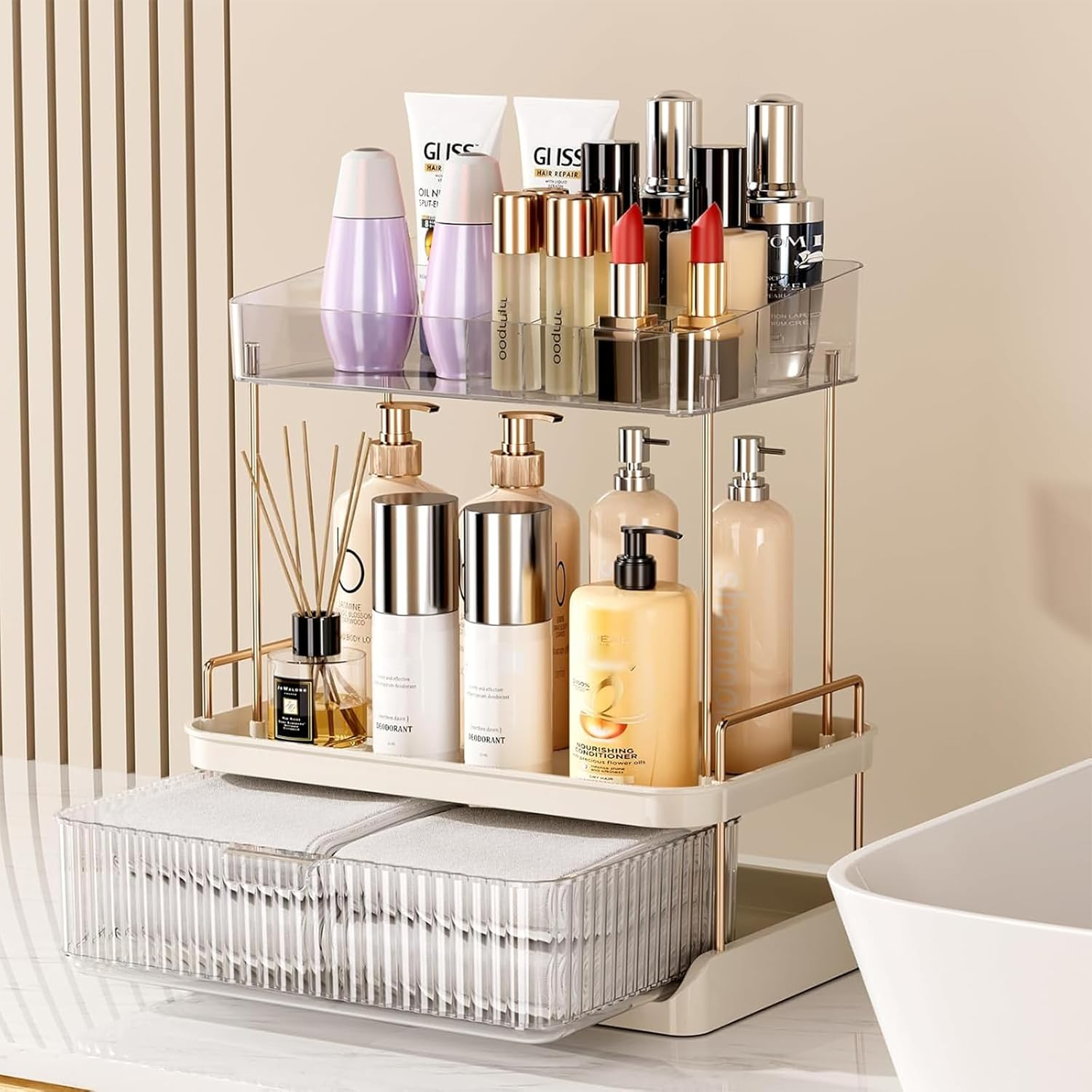2-Tier Bathroom Counter Organizer with Large Drawer and Compartments, Clear Skincare and Makeup Organizer for Countertop, Multi-Purpose Cosmetic Storage Box image number 6