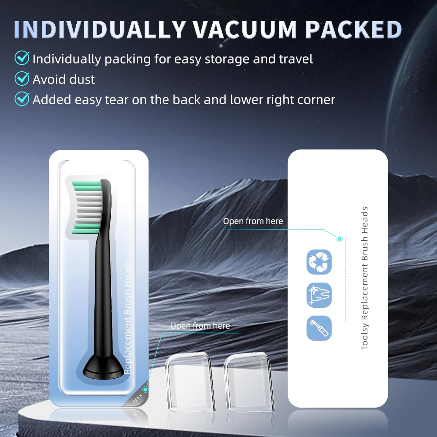 Toolsy 10 Pack Toothbrush Replacement Heads Compatible with Aquasonic Black Series/Black Series Pro/Vibe Series/Dro Series Pro Sonic Electric Toothbrush, 10 Count (Black) image number 1