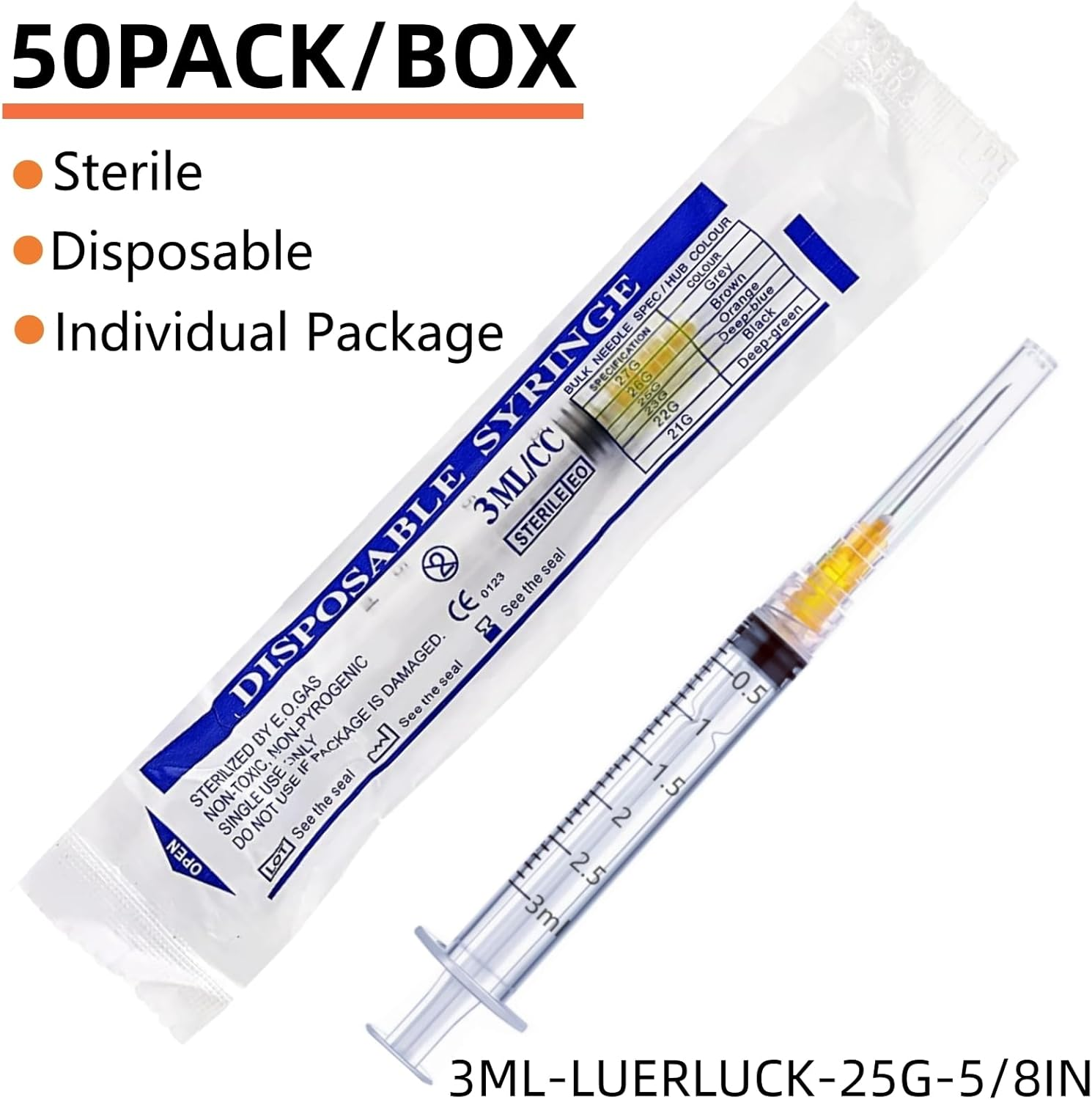 50 Pack 3Ml 3Cc 25 Gauge Disposable Syringe Tool, Individual Package