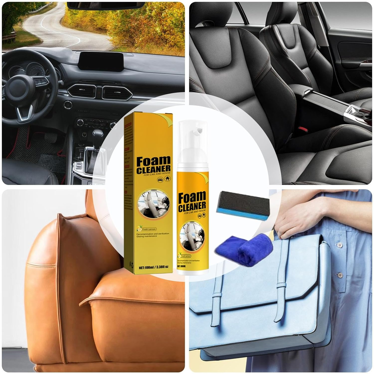 Fbinys Foam Cleaner for Car - Car Steering Wheel Foam Cleaner with Cloth and Sponge,100Ml Automotive Detailing Agent for Central Console Steering Wheel Dashboard Trim Door Upholstery image number 4