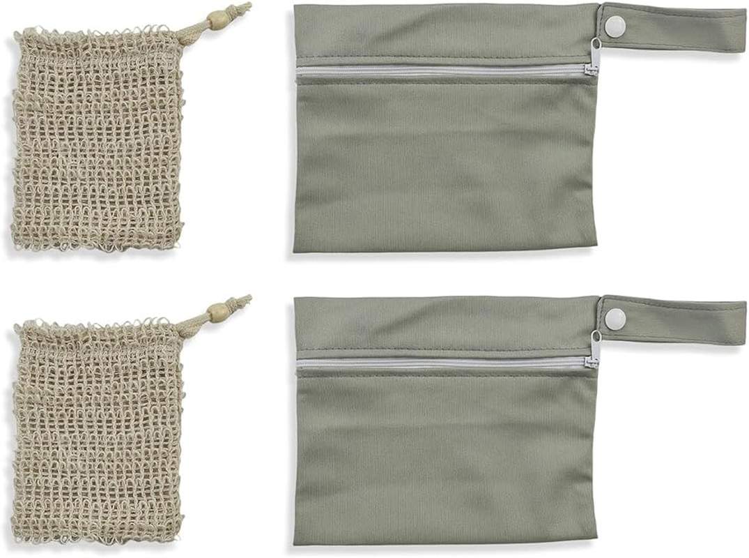 2 Soap Bags & 2 Foaming Nets,Waterproof & Leakproof Bag, Bar Soap Pouch for Shower,Natural Sisal Fiber Soap Savers,Portable Quick-Dry Waterproof Bag for Travel & Camping