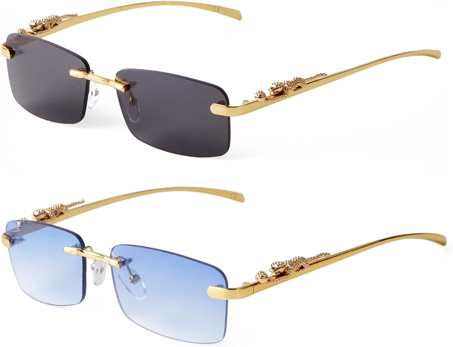 Small Narrow Rimless Sunglasses Fashion Frameless Rectangle Tinted Lens Eyewear 90S Glasses for Women Men (Top Grey Bottom Pink) (Gradient Brown) - 2Pc:Clear+Blue Gradient image number 2