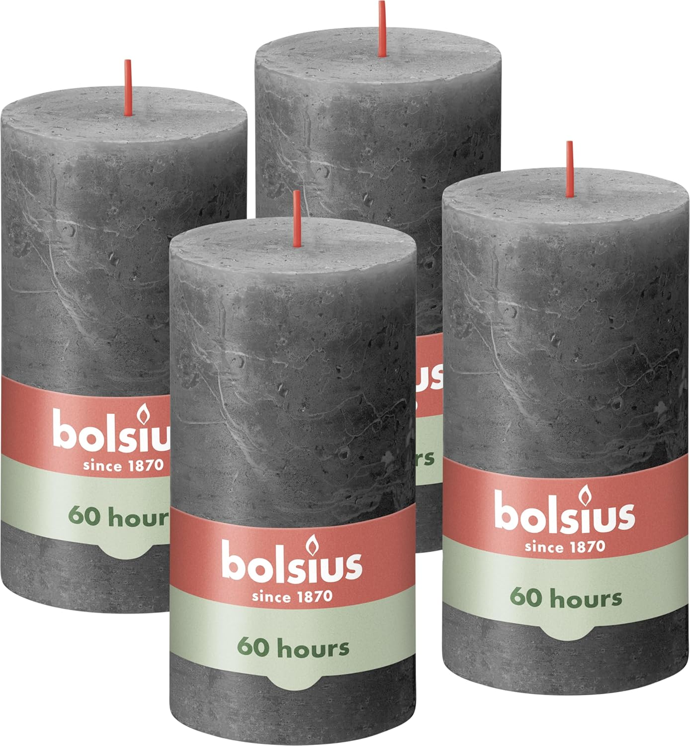Bolsius Rustic Pillar Candles - Light Grey - Pack of 4-8 X 7 Cm - Decorative Household Candles - Length Burning Time 35 Hours - Unscented - Natural Plant Wax - without Palm Oil