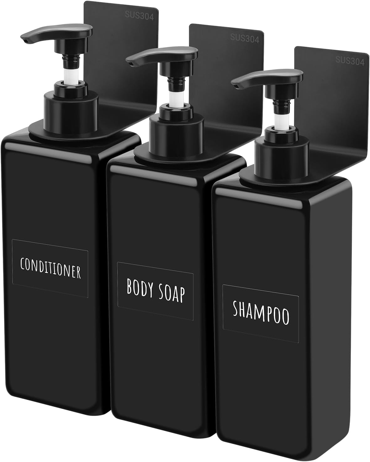 Segbeauty Wall Mounted Soap Dispenser, 3Pcs 500Ml Hand Soap Dispenser, Empty Shower Bottles, No Drilling Pump Dispenser with Labels, for Kitchen and Bathroom (Black)