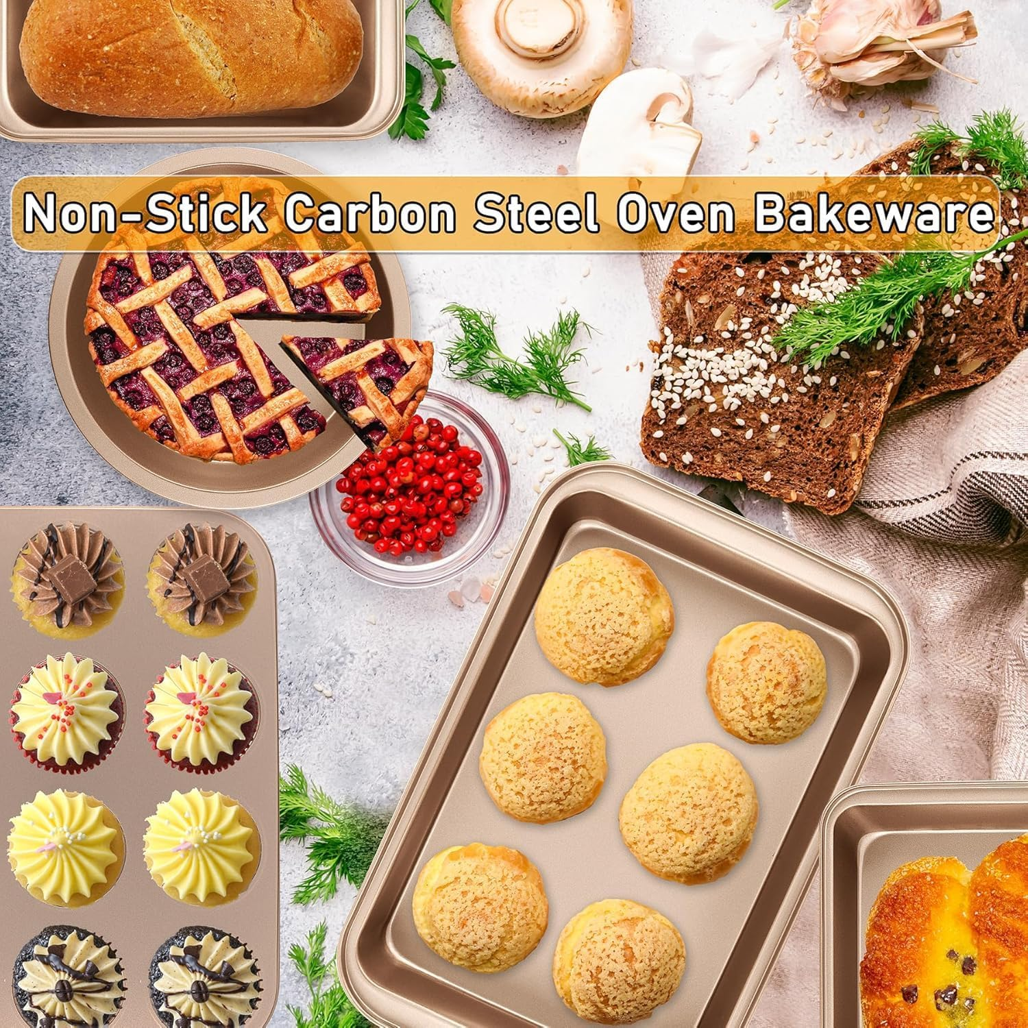 Baking Pans Nonstick Set, Bakeware Sets with round Square Cake Pan, Muffin Pan, Loaf Pan, Roast Pan, Baking Sheets for Oven, Kitchen Cookware Sets Baking Supplies 5-Piece, Gold image number 5