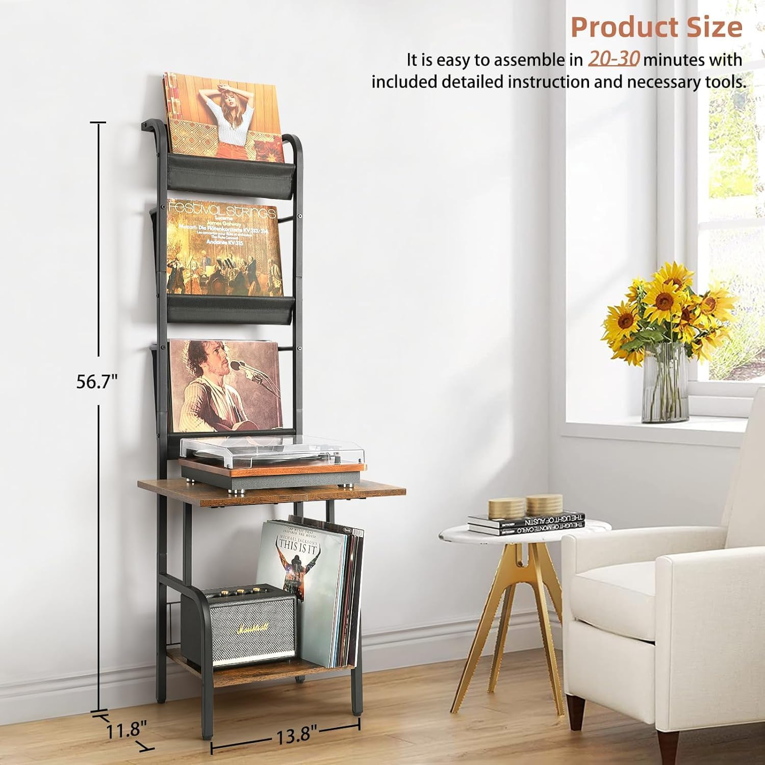 Record Player Stand with Vinyl Storage, Record Player Table for up to 200 Albums, Turntable Stand with Record Holder, Vinyl Display Shelf Cabinet Organizer Rack - Blackbrown,Large Size image number 4