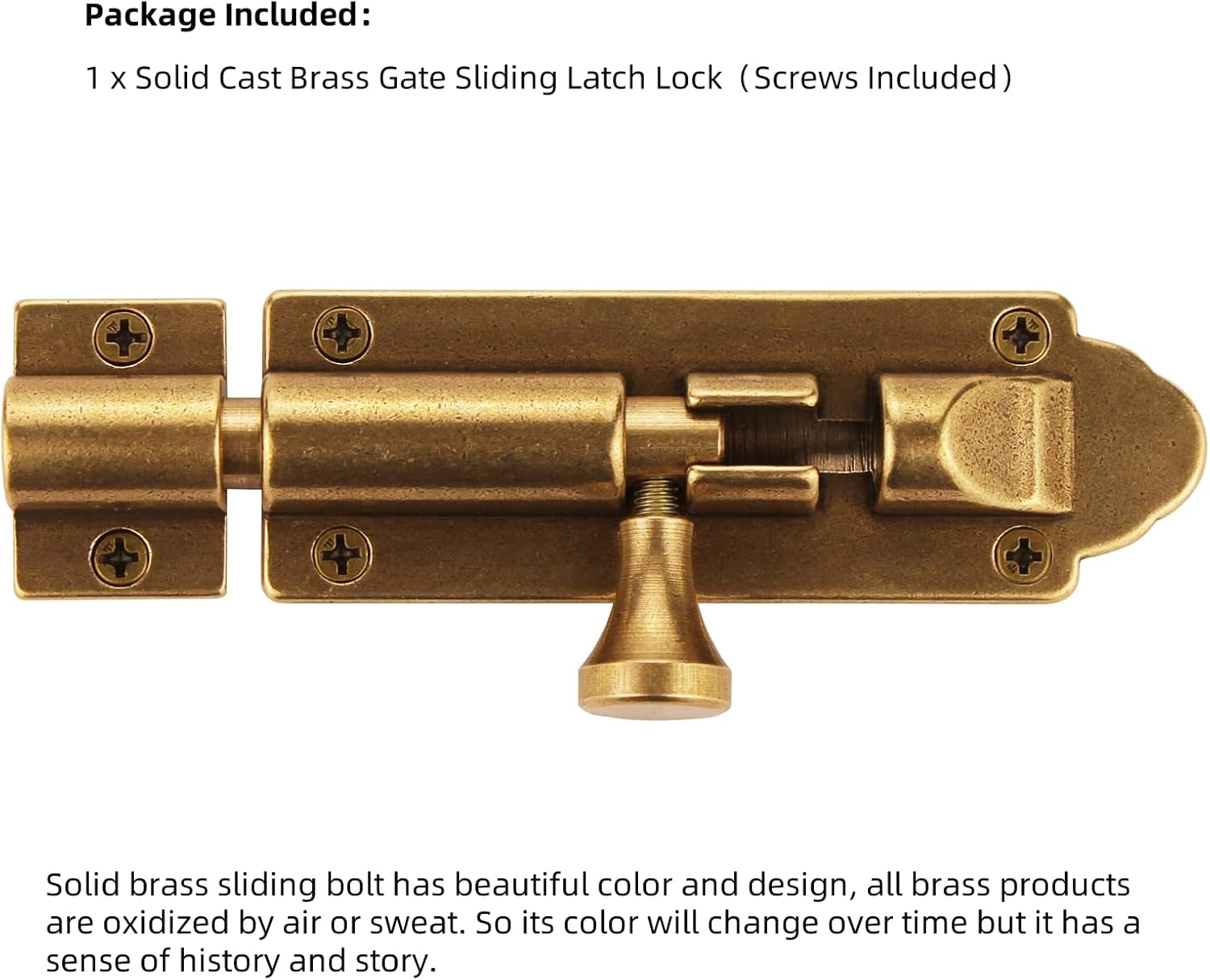 Runningfish Solid Cast Brass Barrel Bolt, Antique Brass Door Slide Latch Lock, Heavy Duty Gate Sliding Bolt Latch (Antique Bronze) image number 2