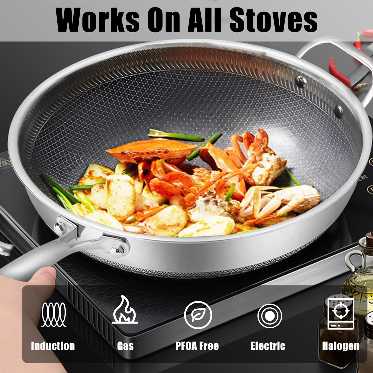 Hybrid Nonstick 12.5Inch Wok Pan with Lid Honeycomb Work with Handle Woks & Frying Wok Pan PFOA Free Cookware Suitable for Induction Ceramic Electric and Gas Cooktops