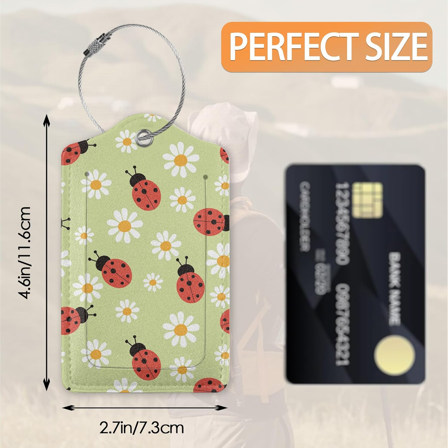 Ladybug and Strawberry Flowers Luggage Tags for Suitcase,Luggage Tag with Stainless Steel Loop Privacy Cover Id Label Travel Bag Luggage Identifiers for Women Men Travel,Set of 2 - Boho Ethnic Elephant image number 5