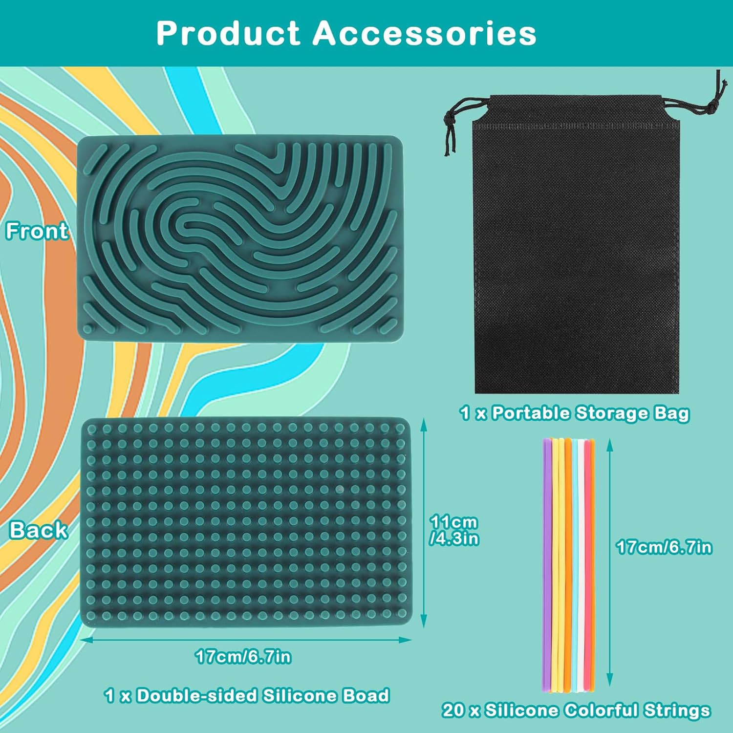 Sensory Fidget Toys for Kids Adults, Double-Sided Silicone Activity Busy Board for Stress Relief, Calming, Focus, Autism and ADHD, Travel Toys with Portable Bag & 20 Strings (Square) image number 5