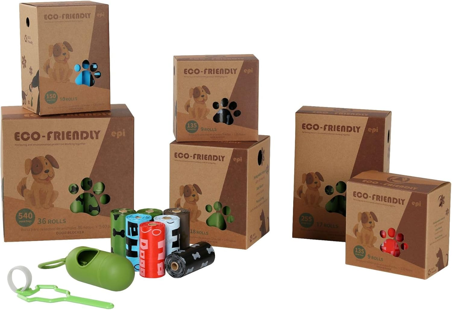 EPI Degradable Dog Poop Bags with Dispenser & Leash Clip - 36 Rolls, Eco-Friendly, 1.5 Micron Thick, Assorted Patterns image number 1