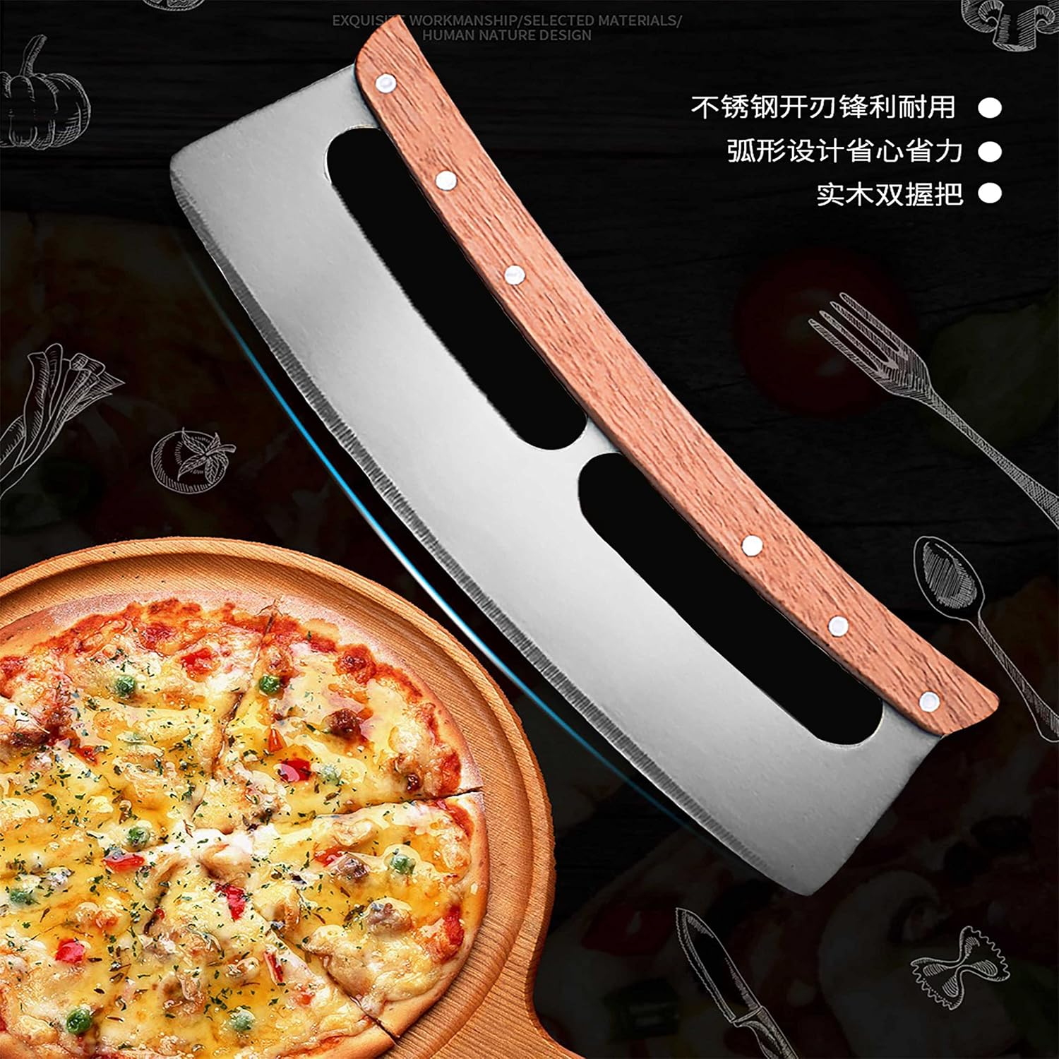 Stainless Steel Double Handle Pizza Cutter with Wooden Handle and Protective Cover Pastry Cutter - Super Sharp - Easy to Clean - Dishwasher Safe (14Inch) image number 2