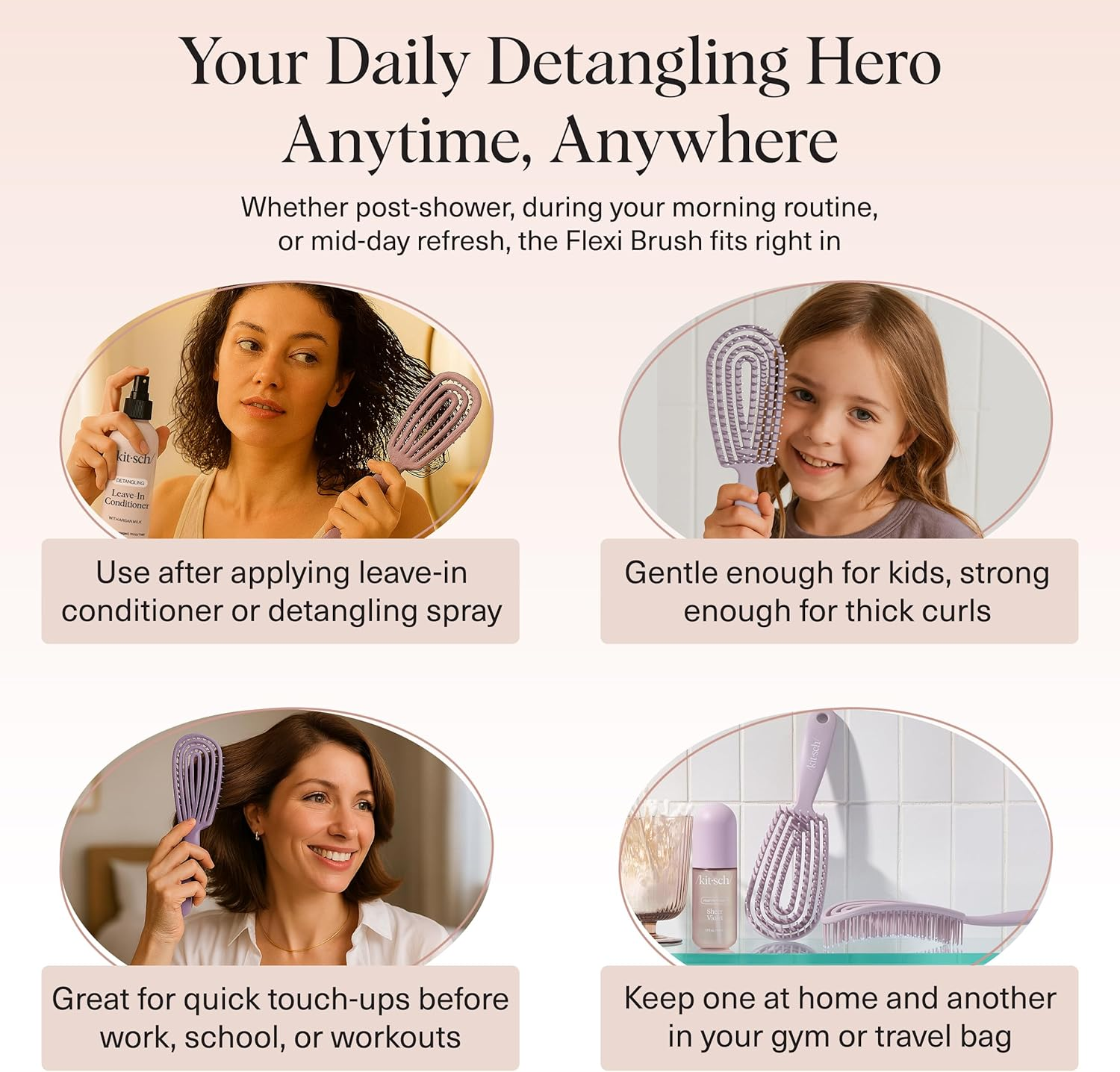 Kitsch Detangler Brush &ndash; Flexible Curly Hair Brush for Women, Men & Kids | Detangling Hairbrush with Bendable Frame and Ultra-Smooth Bristles for Wet or Dry Strands - Soft Violet