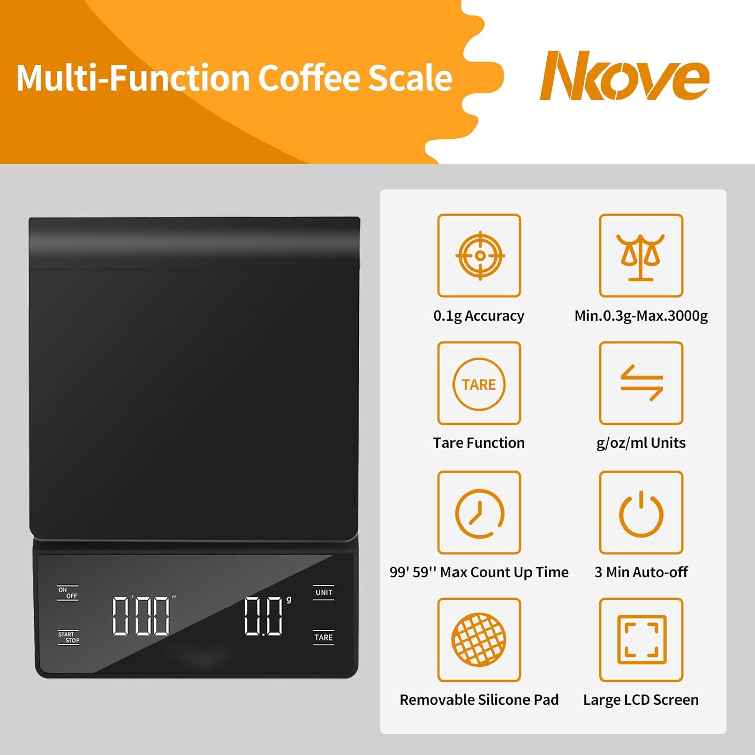 NKOVE Digital Coffee Scale with Timer 3Kg/0.1G High Precision Tare Function for Pour over Maker Brew image number 2
