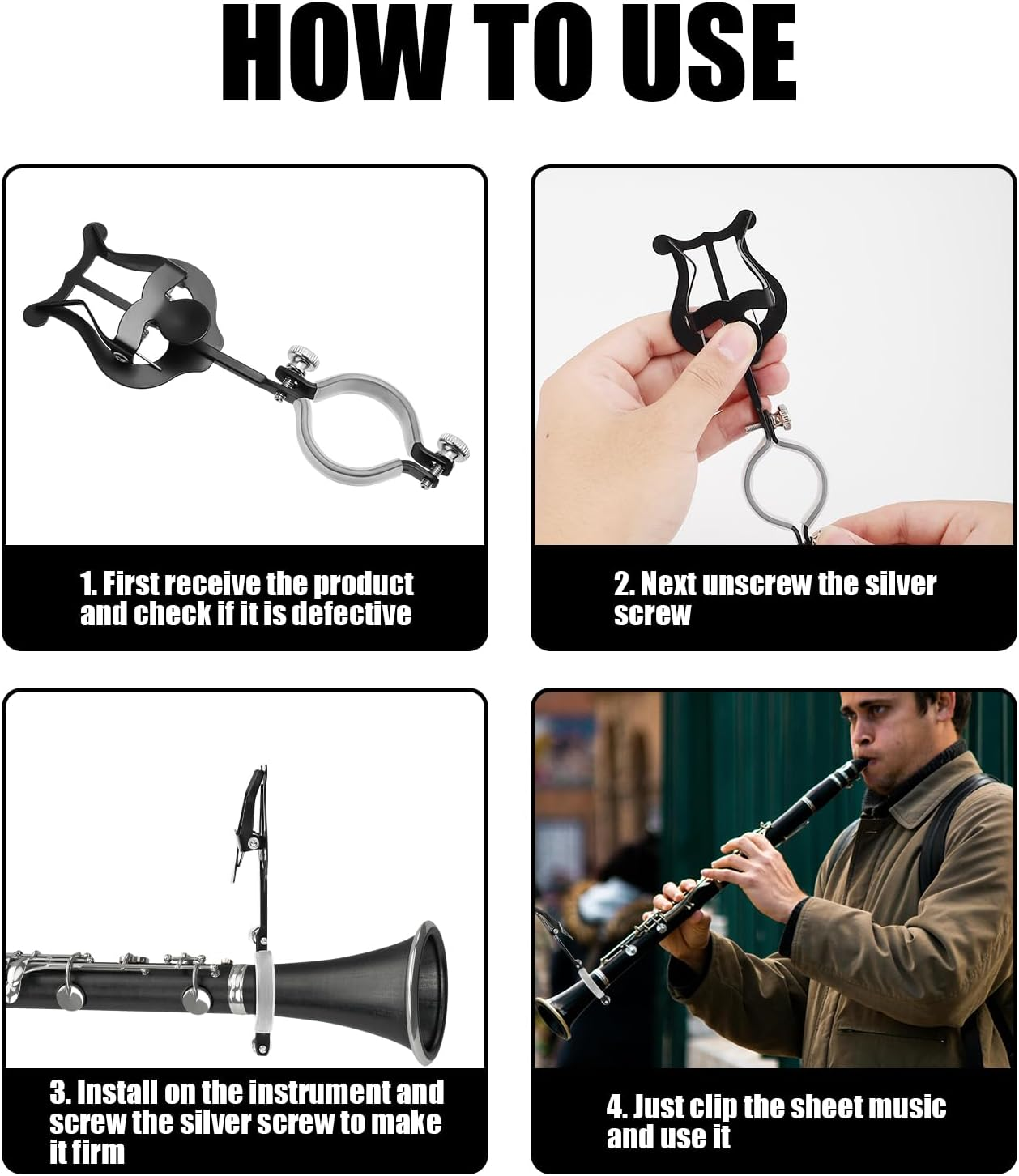 Clarinet Lyre Music Clip, Metal Clarinet Music Clip Holder for Marching Band Clarinet Lyre Clamp for Flute Trumpet Wind Instruments Practicing Beginners (Black) image number 5