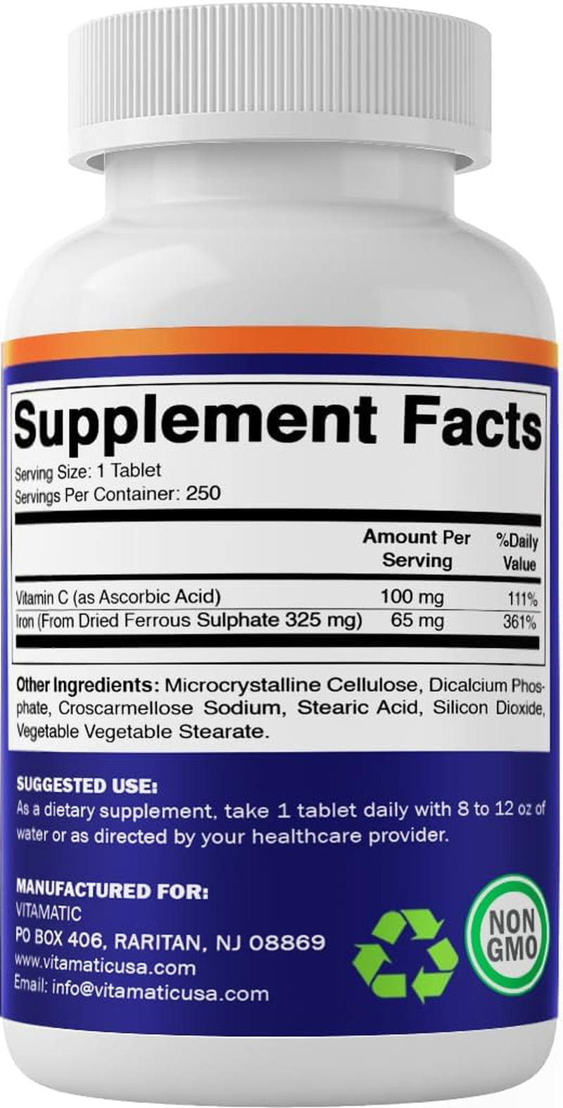Vitamatic Ferrous Sulphate 325 Mg + Vitamin C 100 Mg - (65 Mg Elemental Iron) High Potency Iron Supplement | No Artificial Color Additives - 250 Coated Tablets - Made in USA image number 6