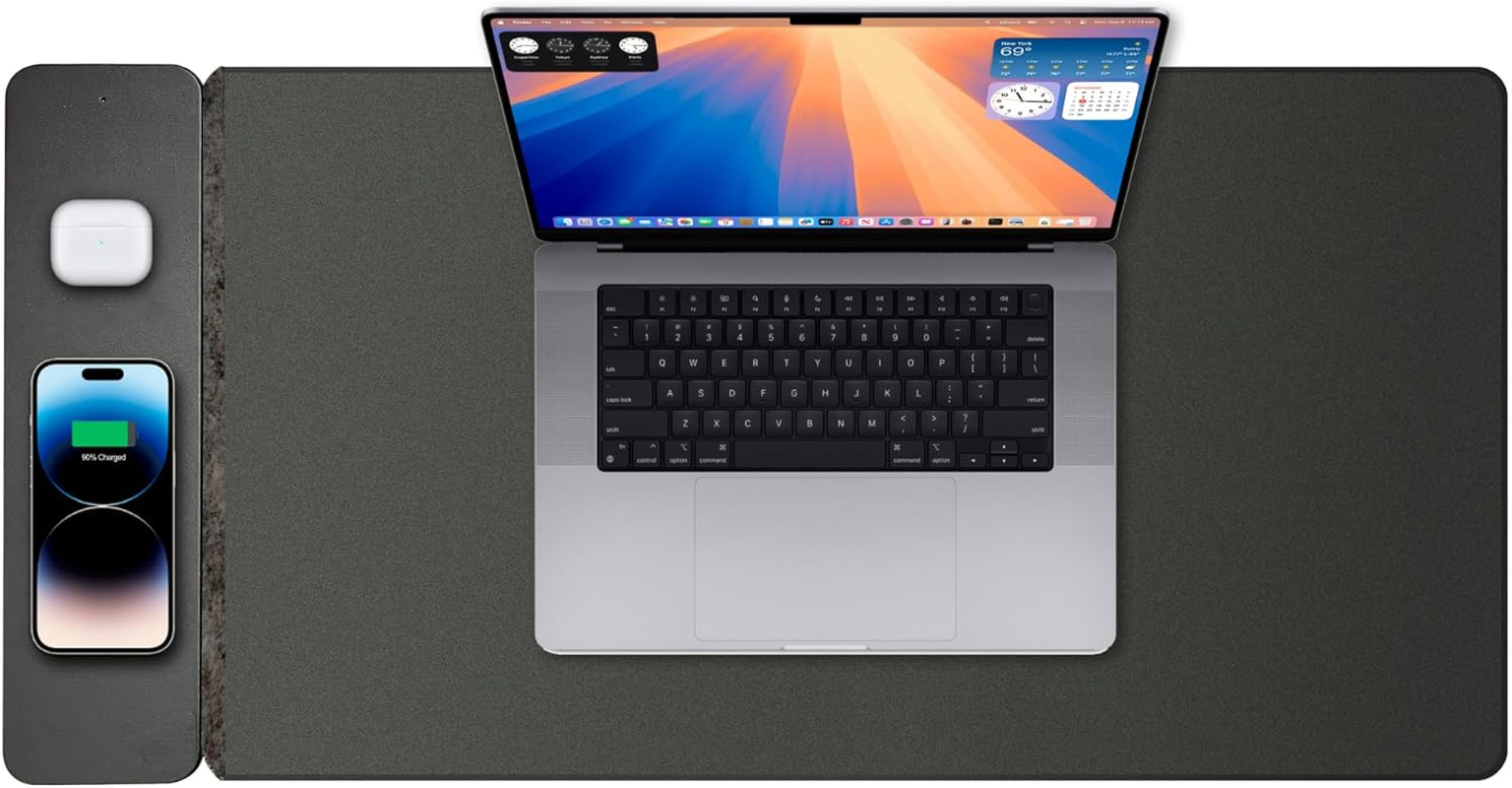 Laser Chargecore Wireless Charger Desk Mat with 15W Qi Magsafe Charger, Water-Resistant PU Leather, Detachable Magnetic Mouse Pad, USB C Cable &ndash; Wireless Charging Station for Phones & Earbuds (Black)