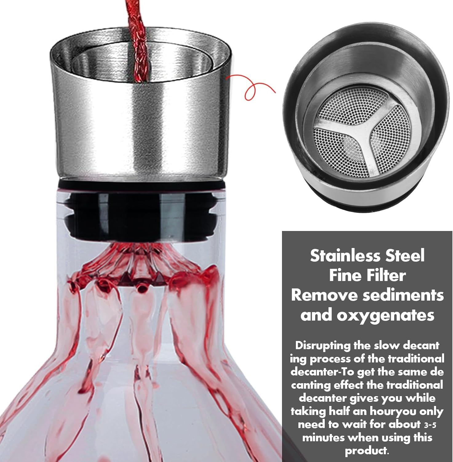 Wine Decanter, Red Wine Aerator with Built-In-Aerator Stainless Steel Filter, Hand Blown Lead-Free Crystal Glass Wine Decanters and Carafes,Wine Gift image number 6