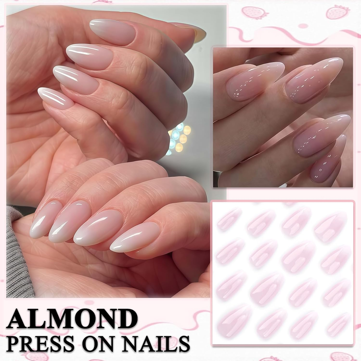 Pack of 24 Press on Nails Almond - Pink Colour Gradient Artificial Nails Medium - Full Cover False Nails - Nude Gradient White Fingernails for Sticking on for Women and Girls (Pink White Ombre) image number 3